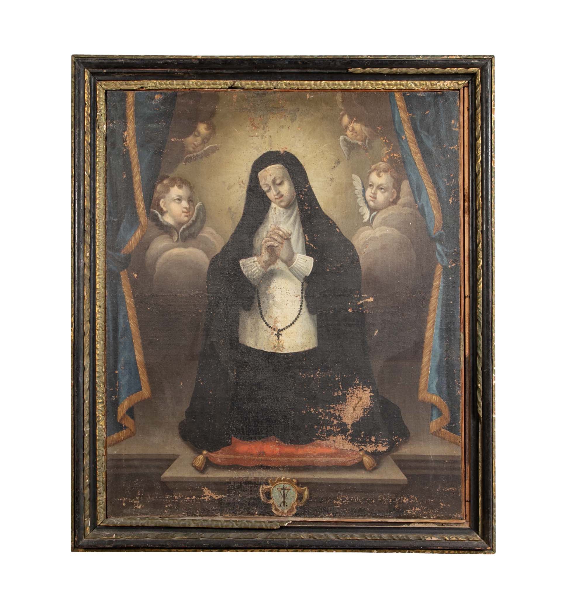 Oil Painting of a Catholic Nun Praying with Four Angels