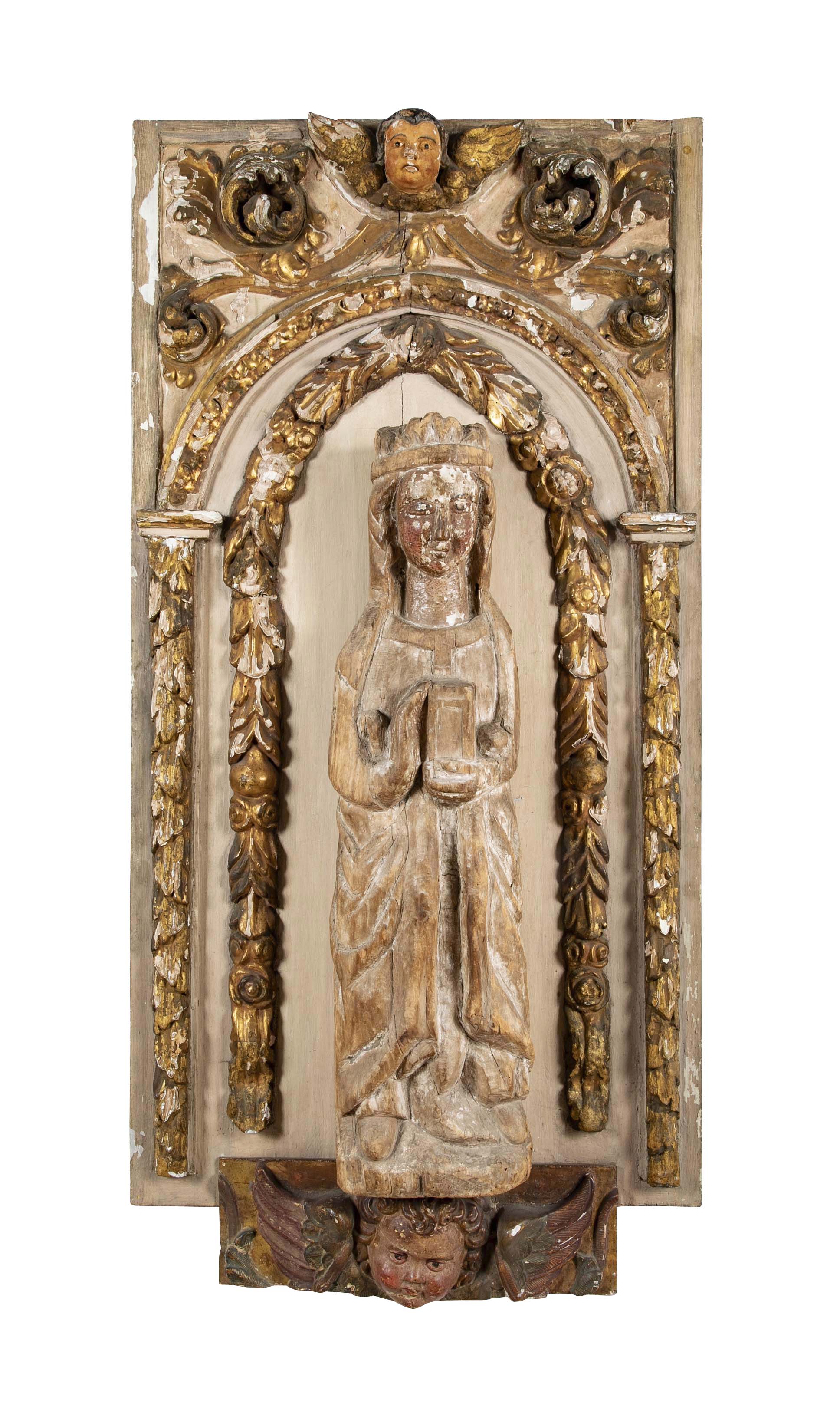 Beautifully Carved Catholic Panneau de Bois with Madonna and Angels