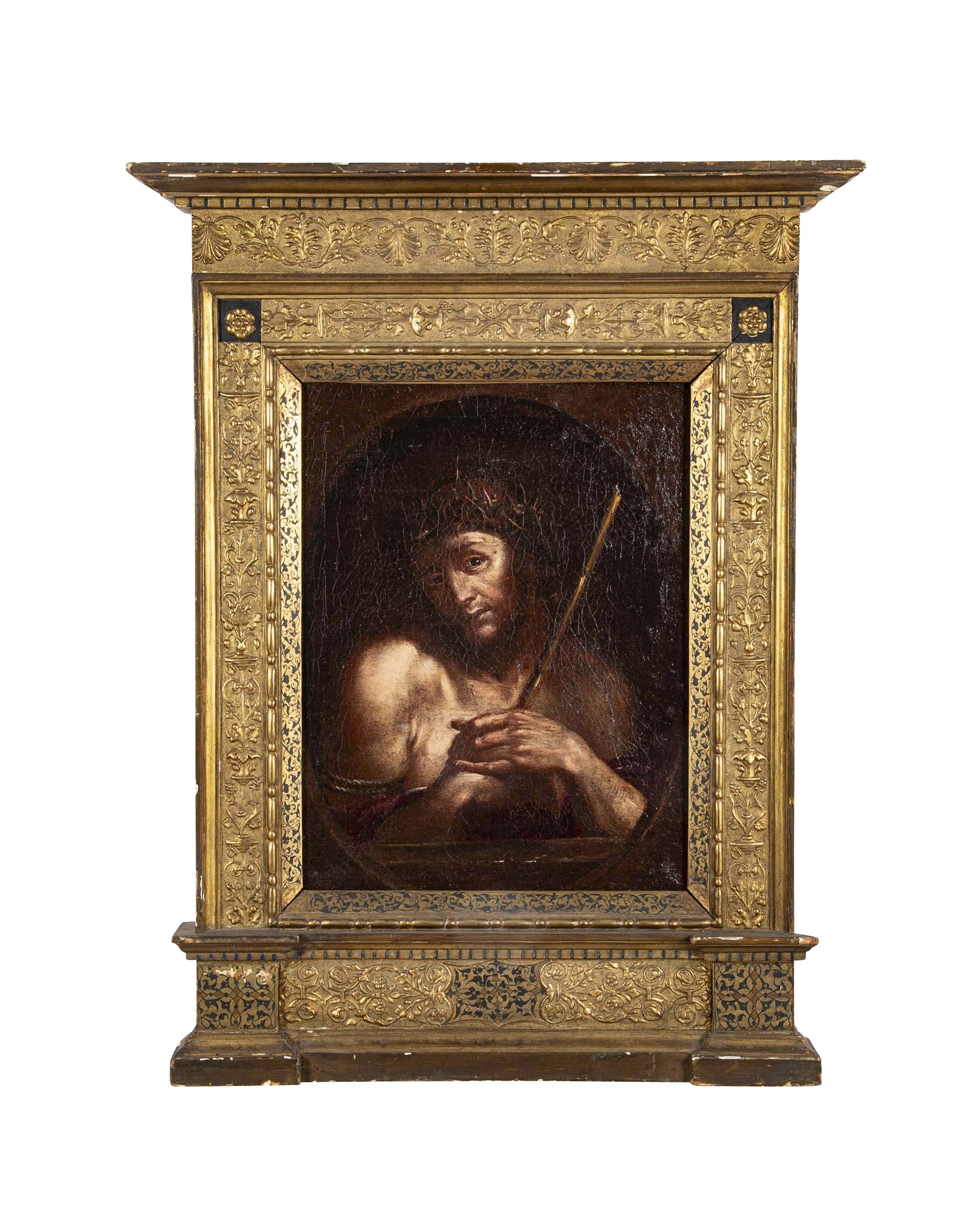 18th Century French Painting of Jesus in Intricately Carved Gilt Wood Frame
