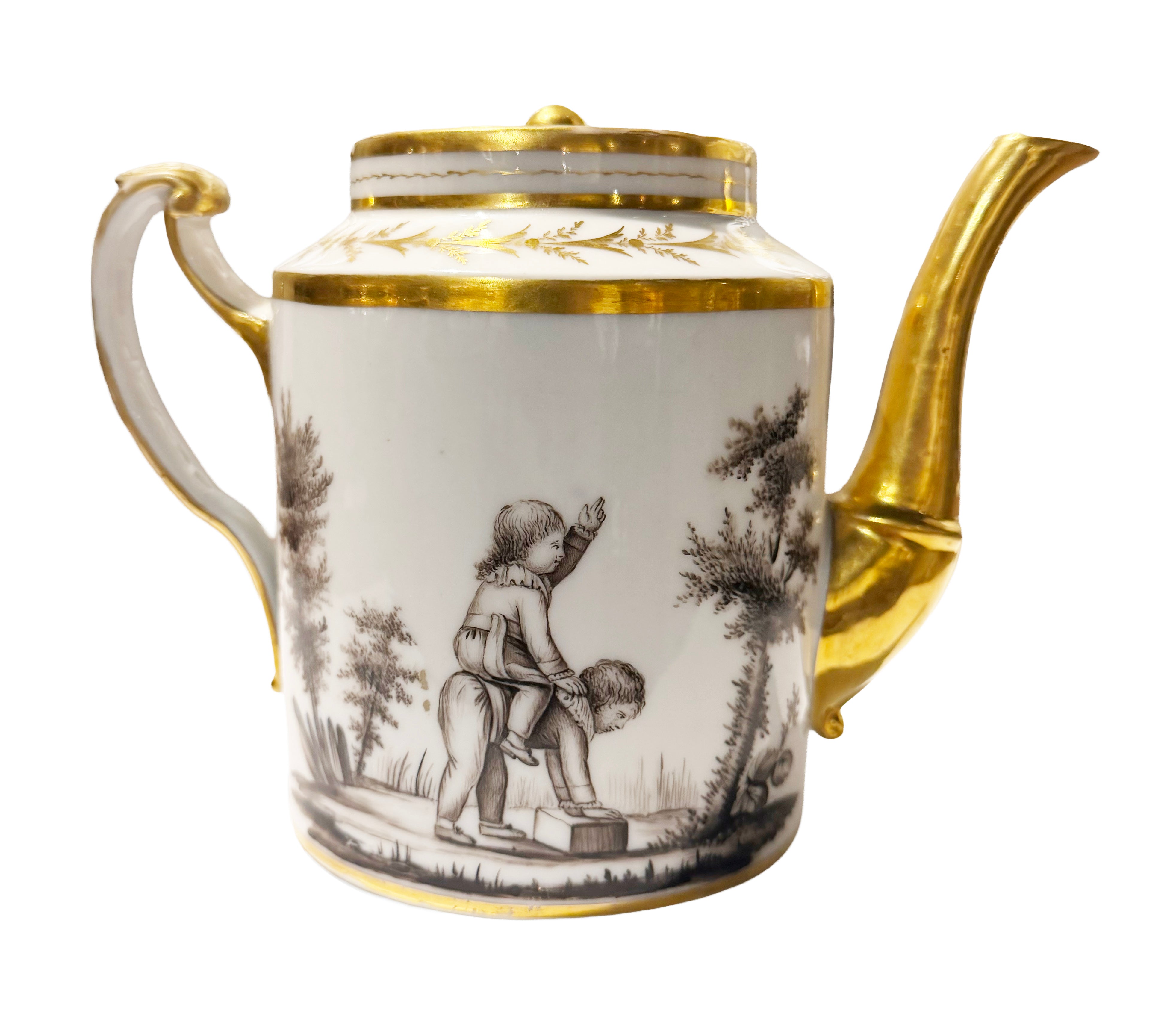 Vieux Paris "Old Paris" Porcelain En Grisaille Teapot In The Manner of Nast