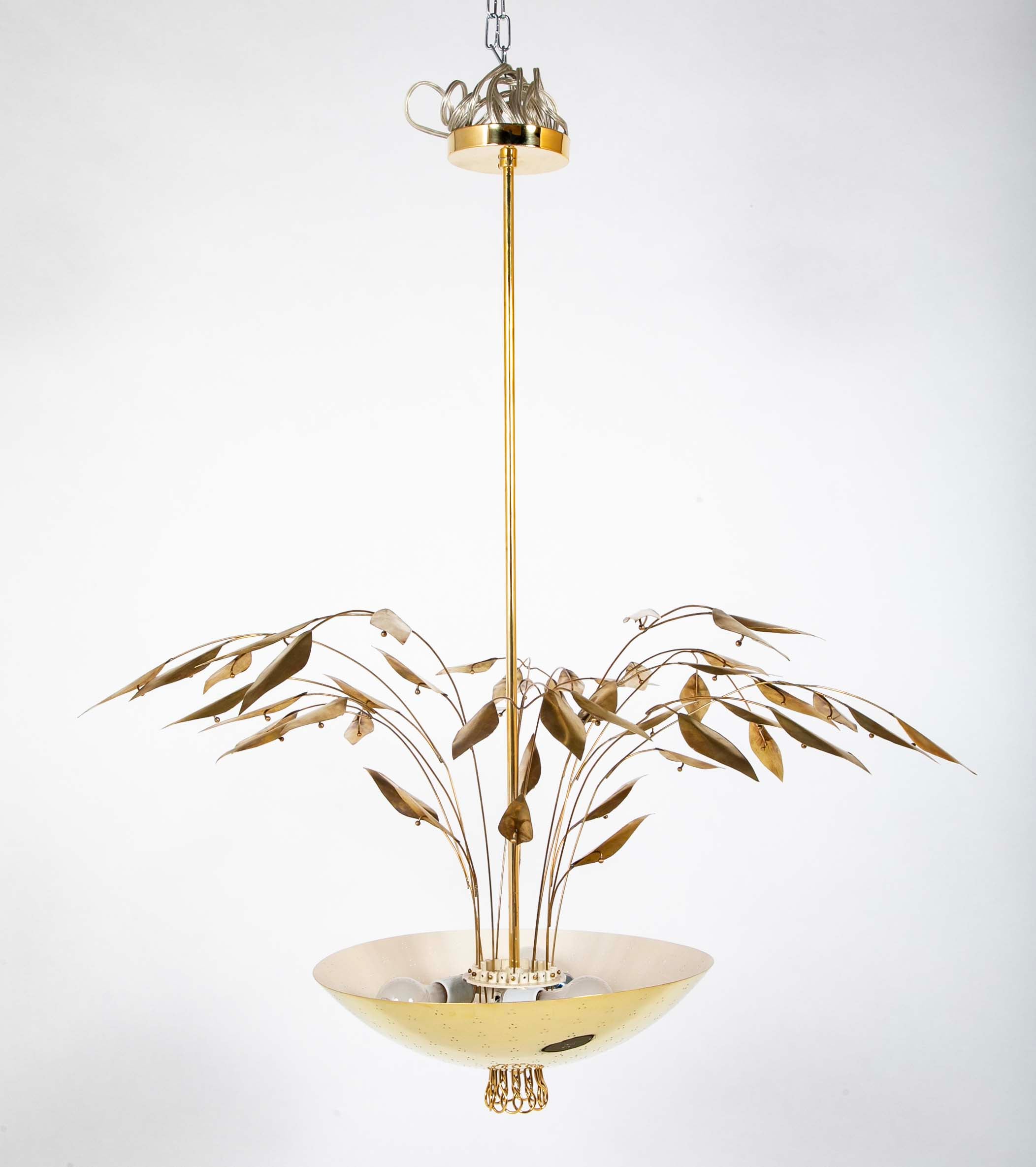 Pair of Custom Enameled Brass Chandeliers in the Manner of Paavo Tynell Priced Individually