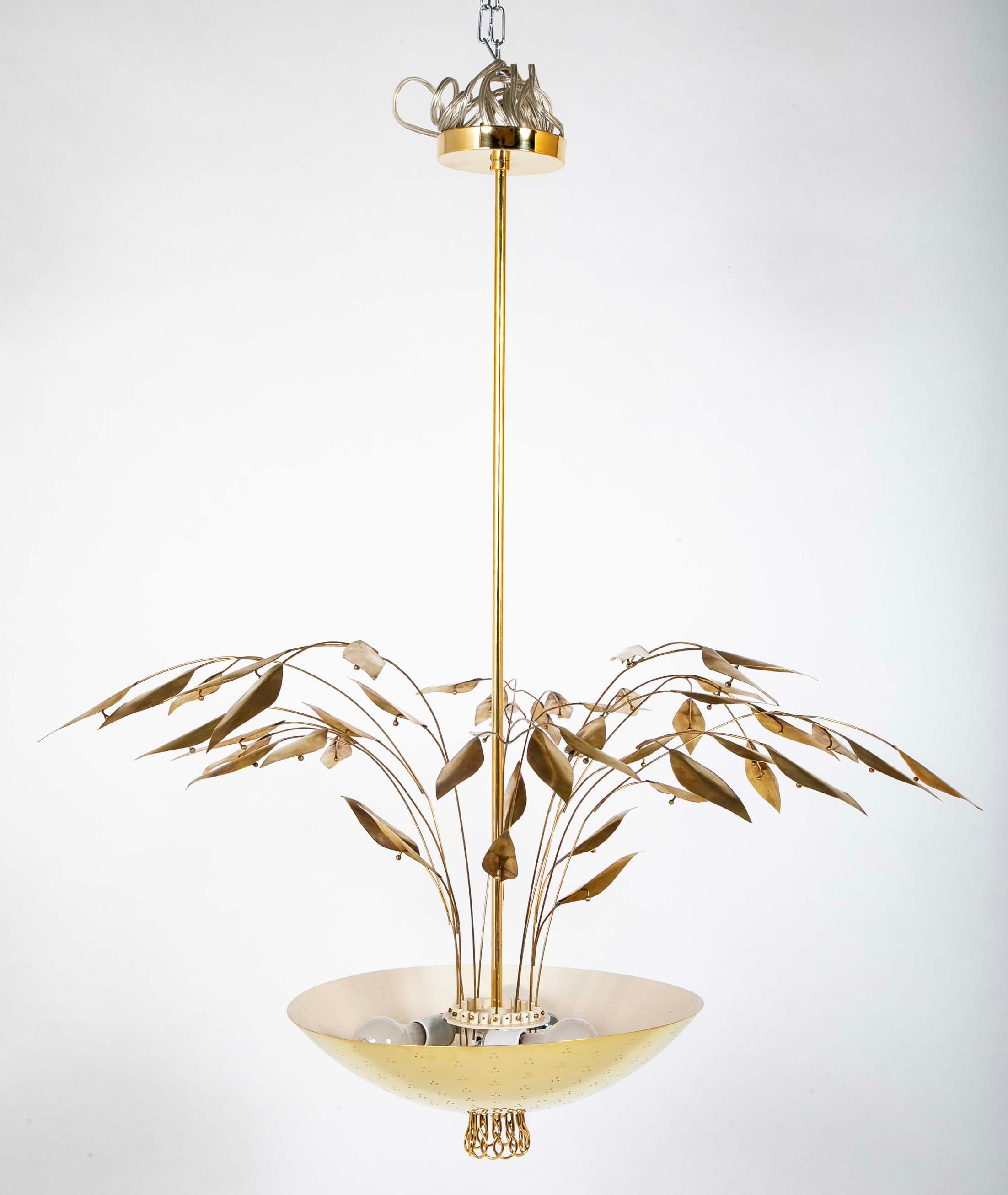Pair of Custom Enameled Brass Chandeliers in the Manner of Paavo Tynell Priced Individually