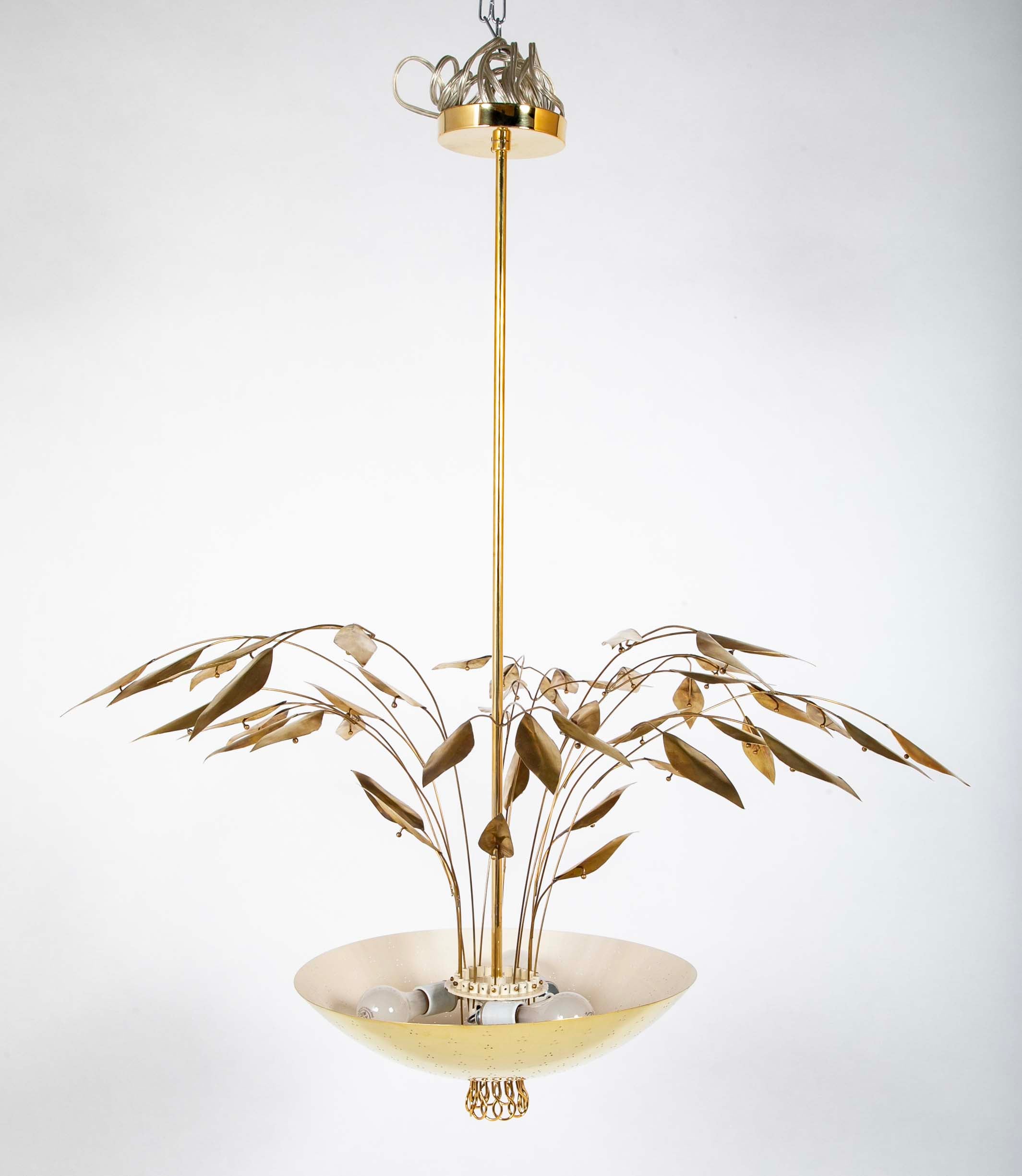 Pair of Custom Enameled Brass Chandeliers in the Manner of Paavo Tynell Priced Individually