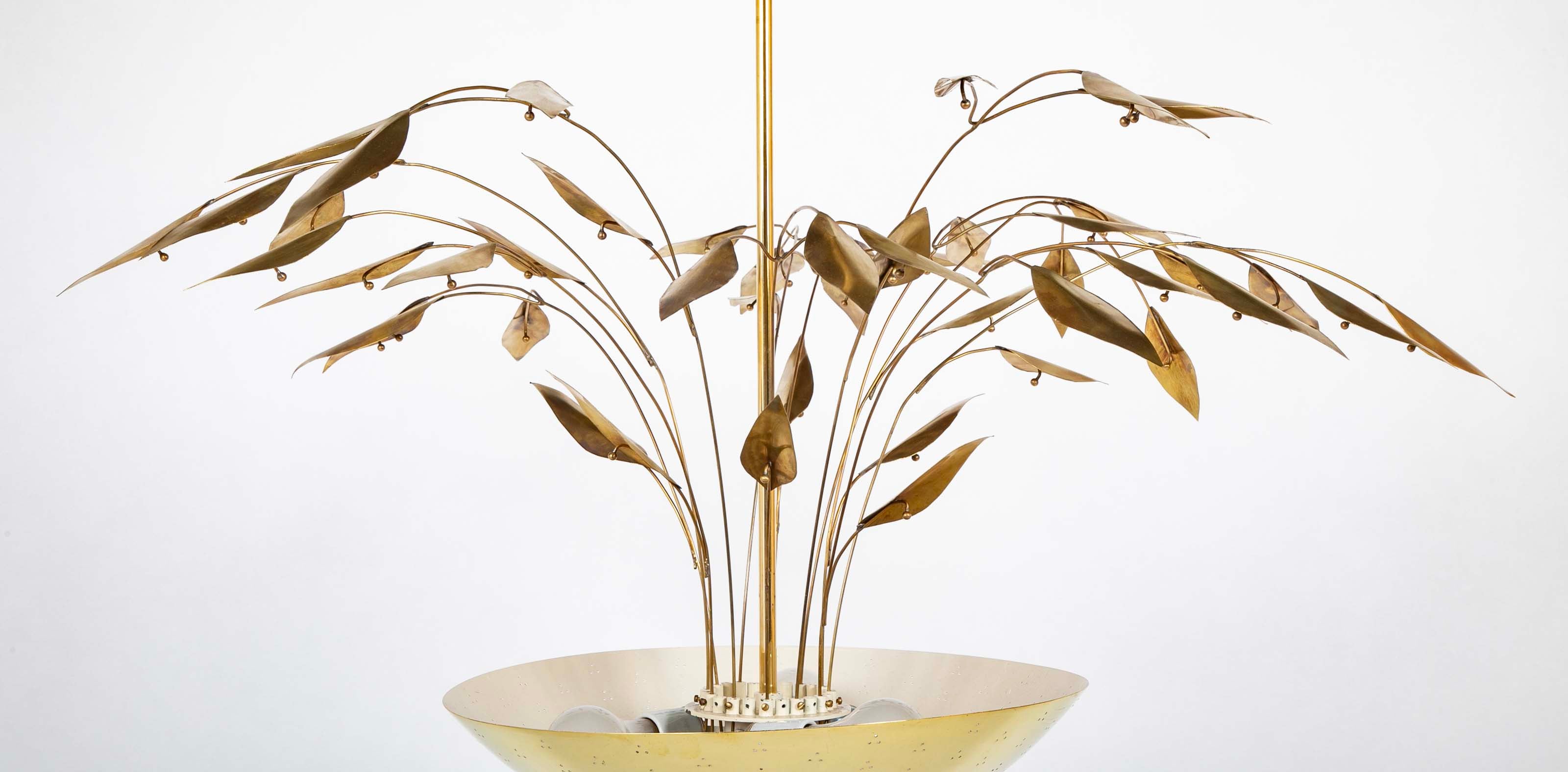 Pair of Custom Enameled Brass Chandeliers in the Manner of Paavo Tynell Priced Individually