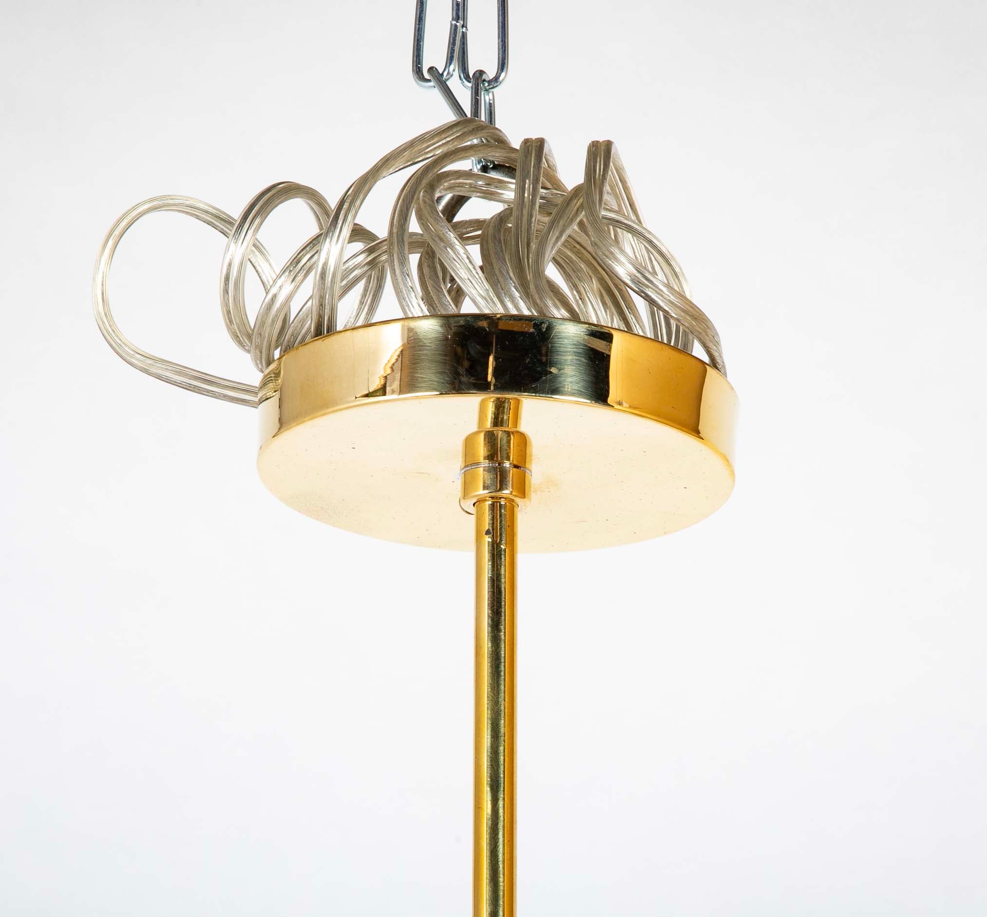 Pair of Custom Enameled Brass Chandeliers in the Manner of Paavo Tynell Priced Individually