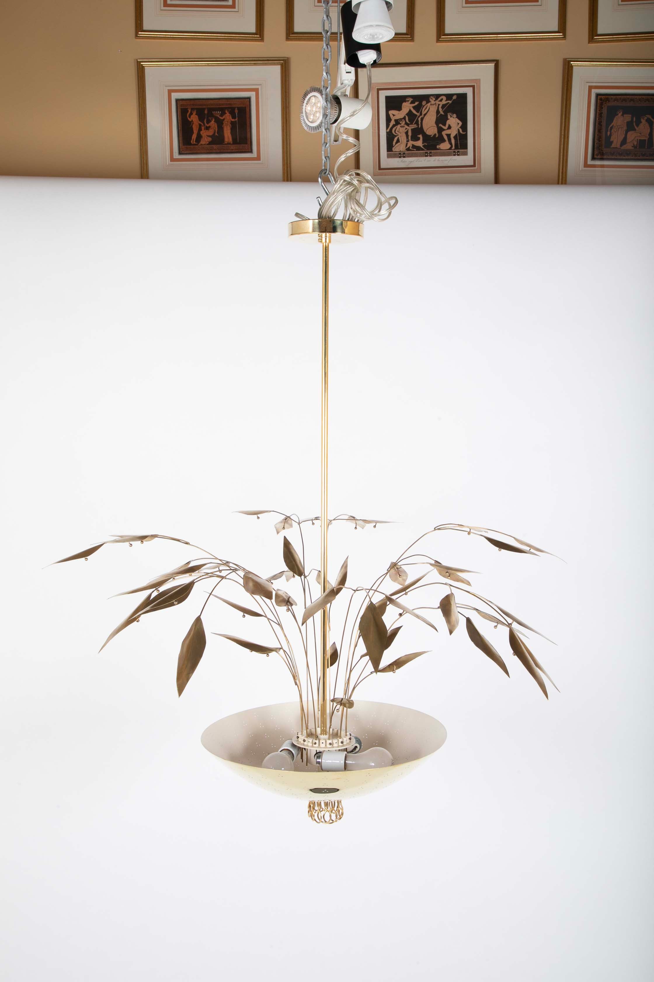 Pair of Custom Enameled Brass Chandeliers in the Manner of Paavo Tynell Priced Individually