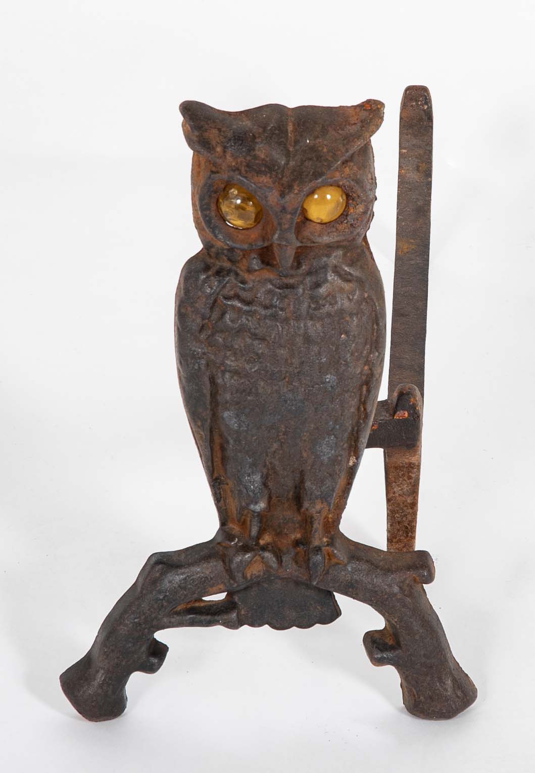 Turn of the Century Iron Owl Andirons with Original Glass Eyes