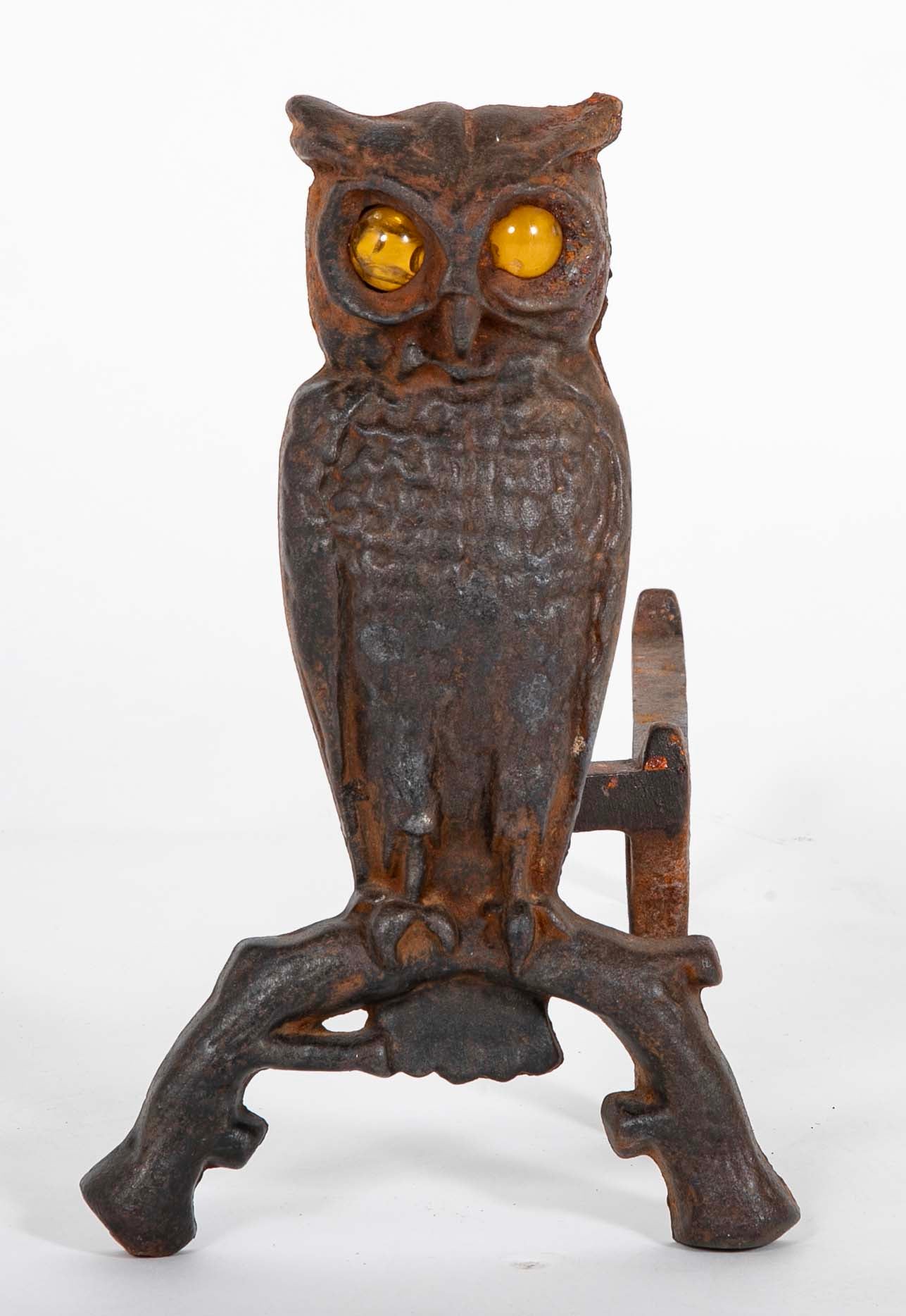 Turn of the Century Iron Owl Andirons with Original Glass Eyes