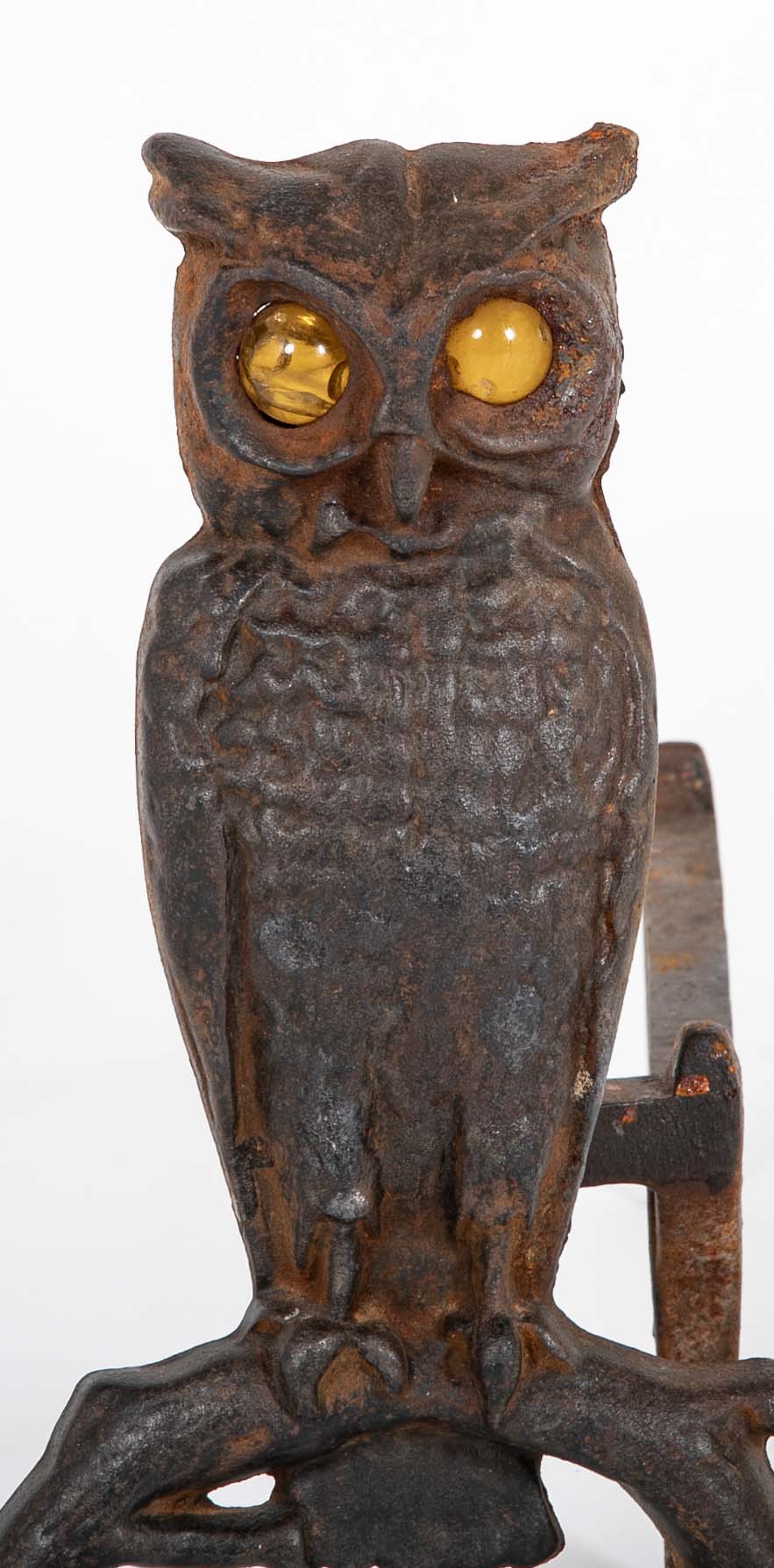 Turn of the Century Iron Owl Andirons with Original Glass Eyes