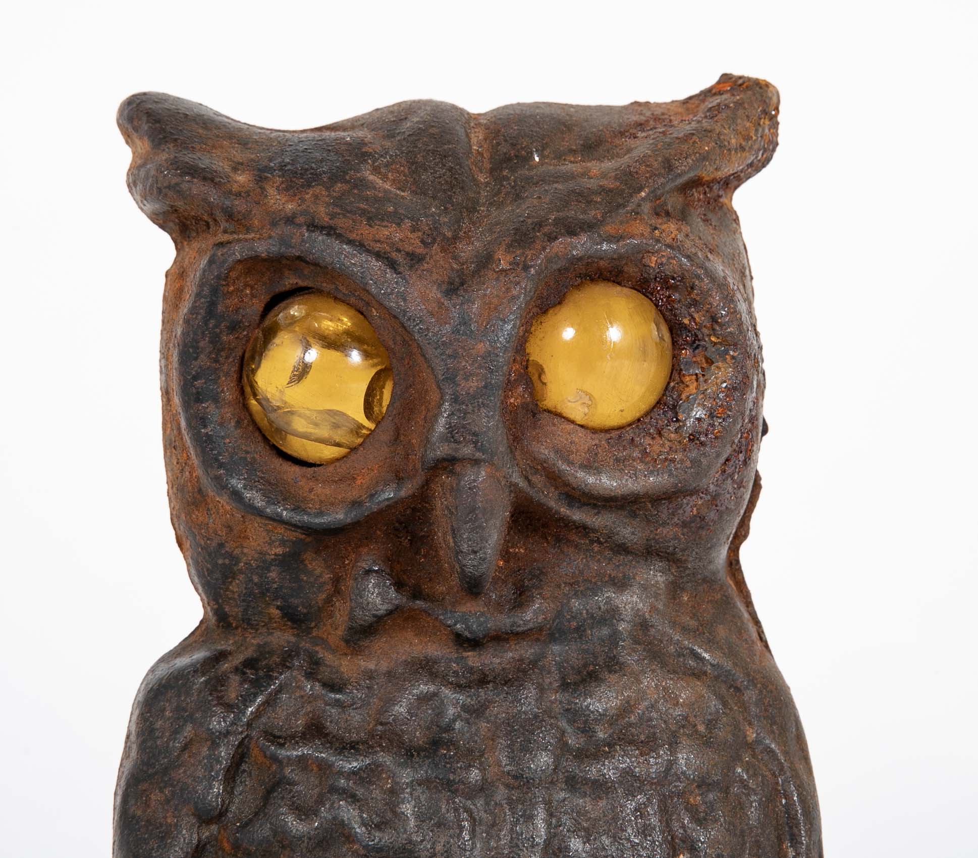 Turn of the Century Iron Owl Andirons with Original Glass Eyes