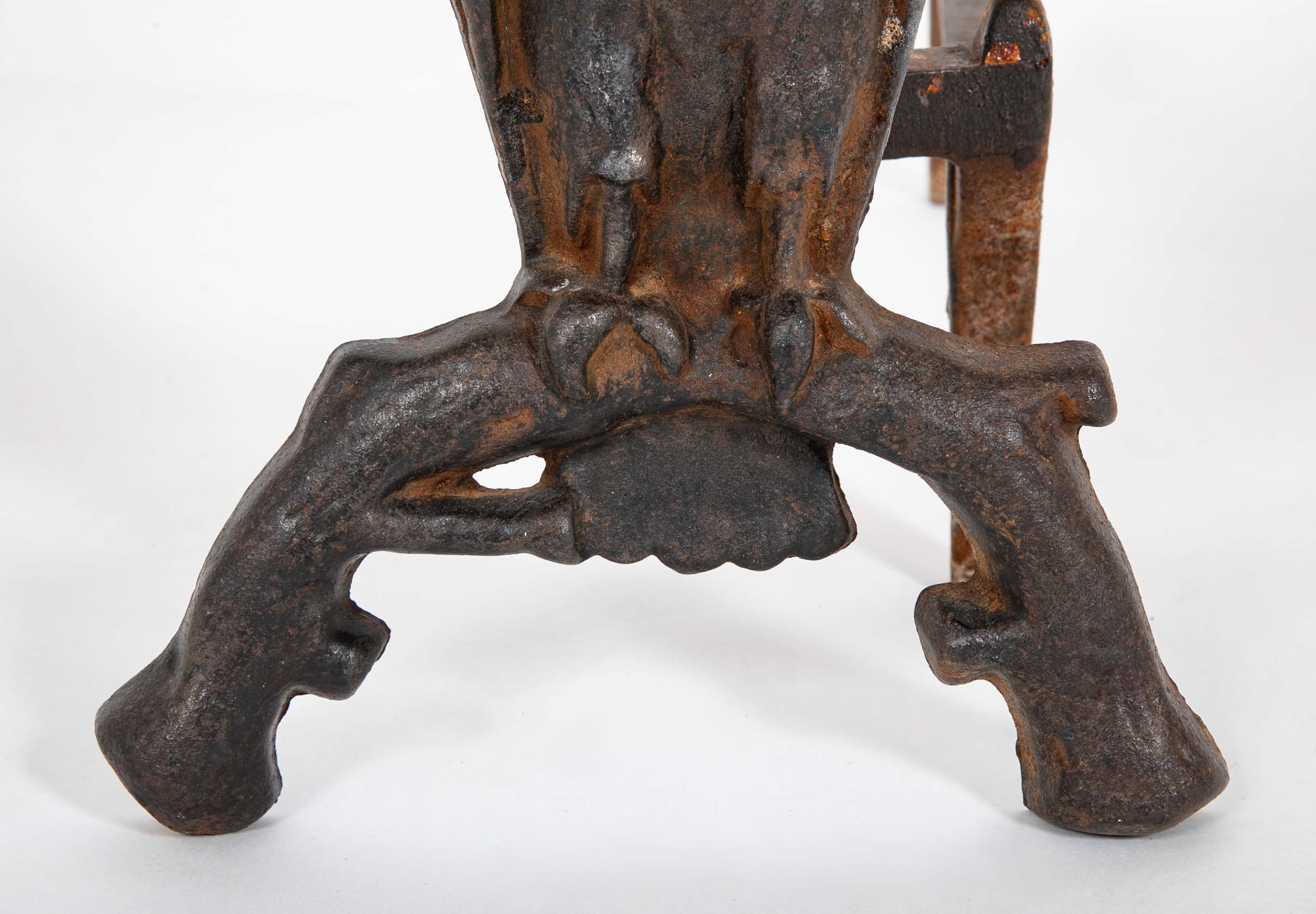 Turn of the Century Iron Owl Andirons with Original Glass Eyes