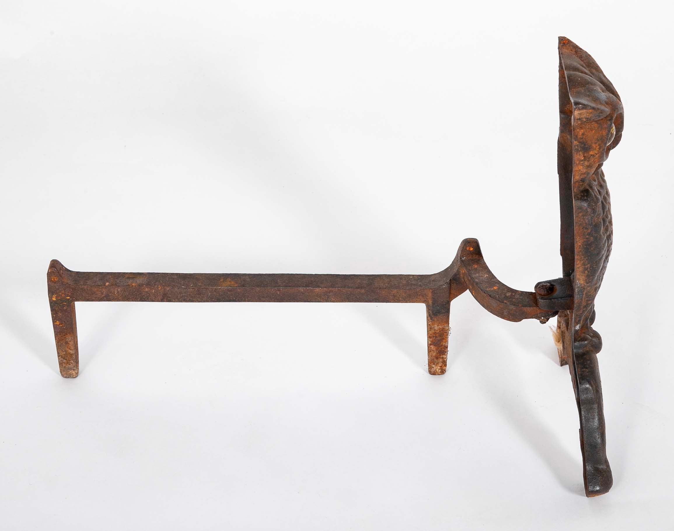 Turn of the Century Iron Owl Andirons with Original Glass Eyes