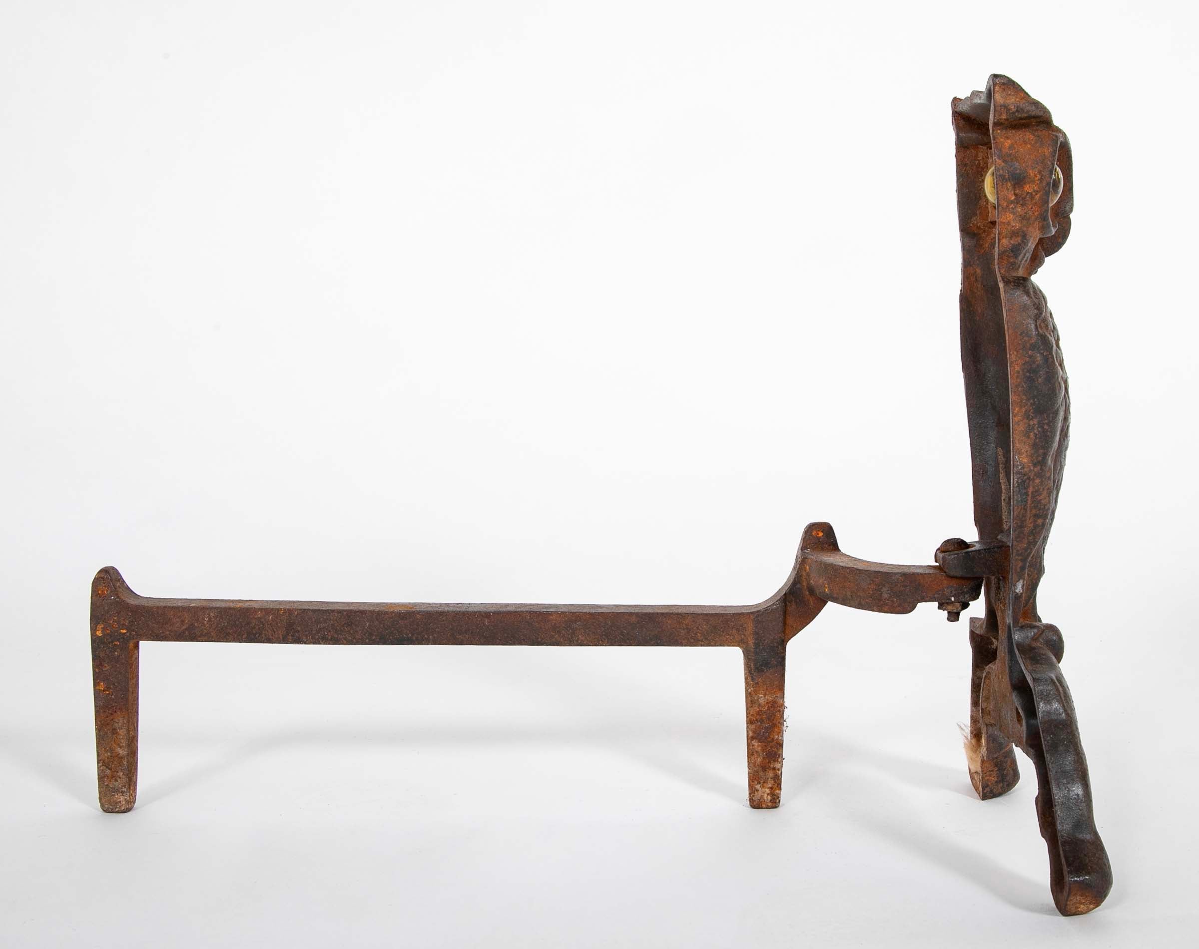 Turn of the Century Iron Owl Andirons with Original Glass Eyes