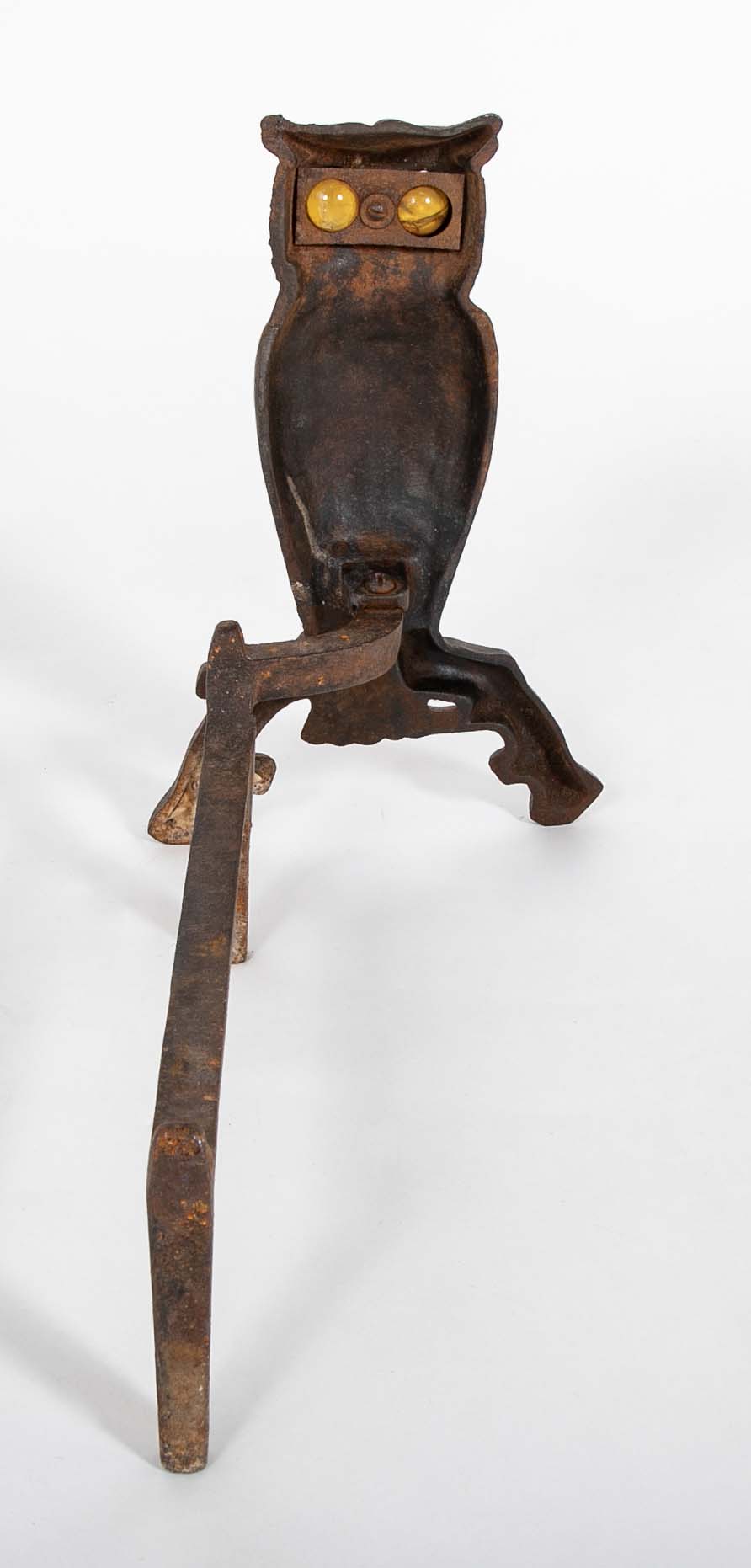 Turn of the Century Iron Owl Andirons with Original Glass Eyes