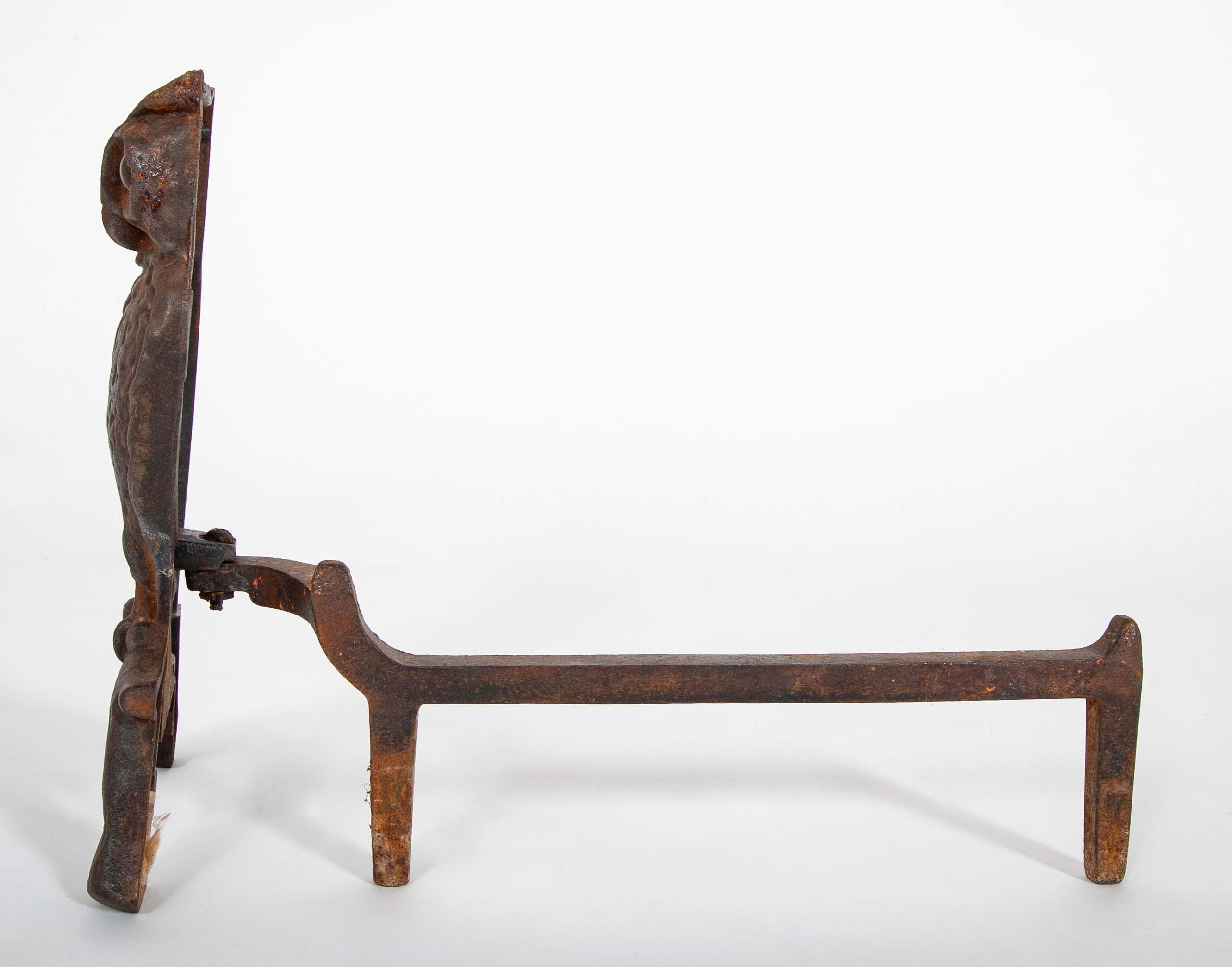 Turn of the Century Iron Owl Andirons with Original Glass Eyes