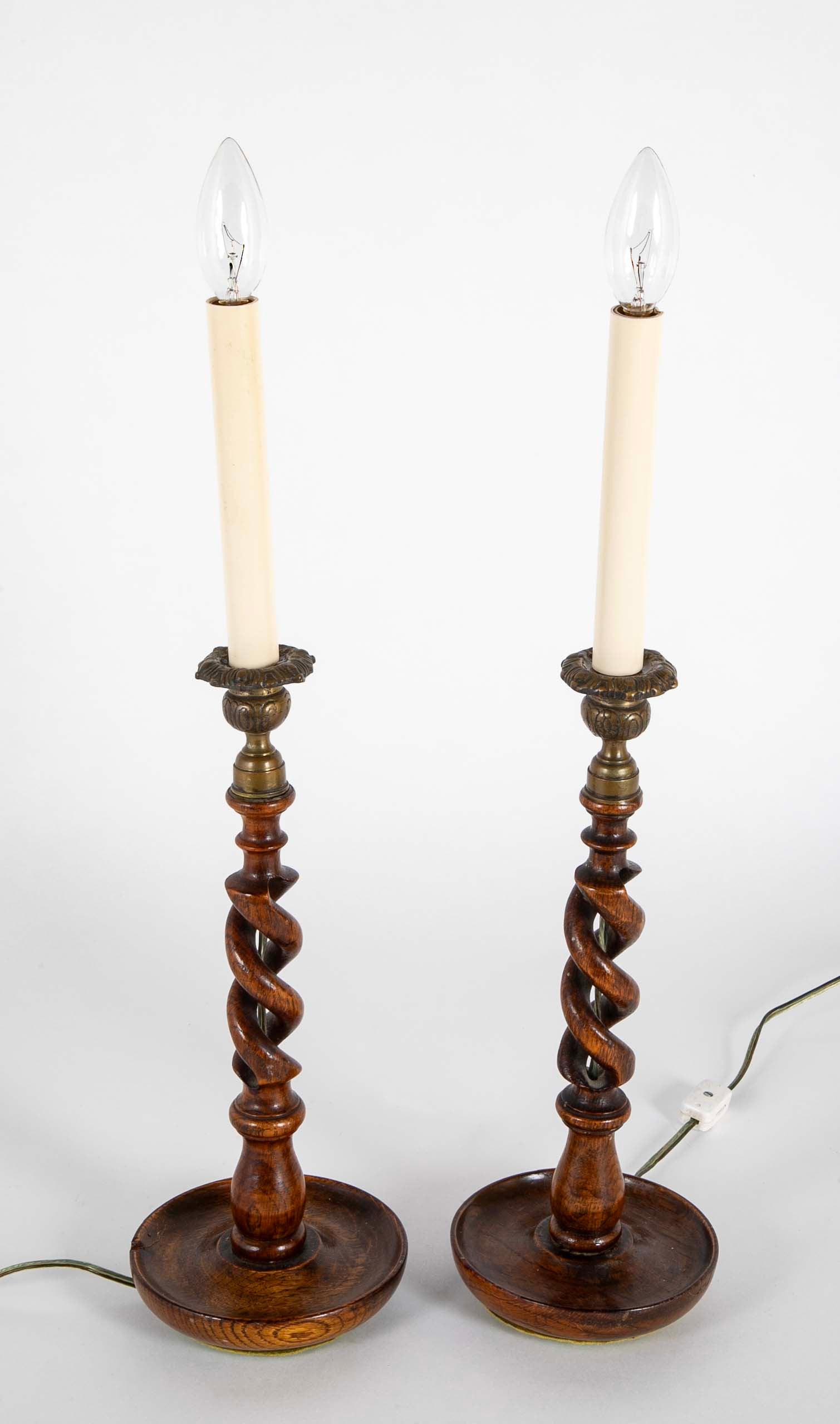 Pair of Open Barley Twist Wooden Candlesticks Now Lamps
