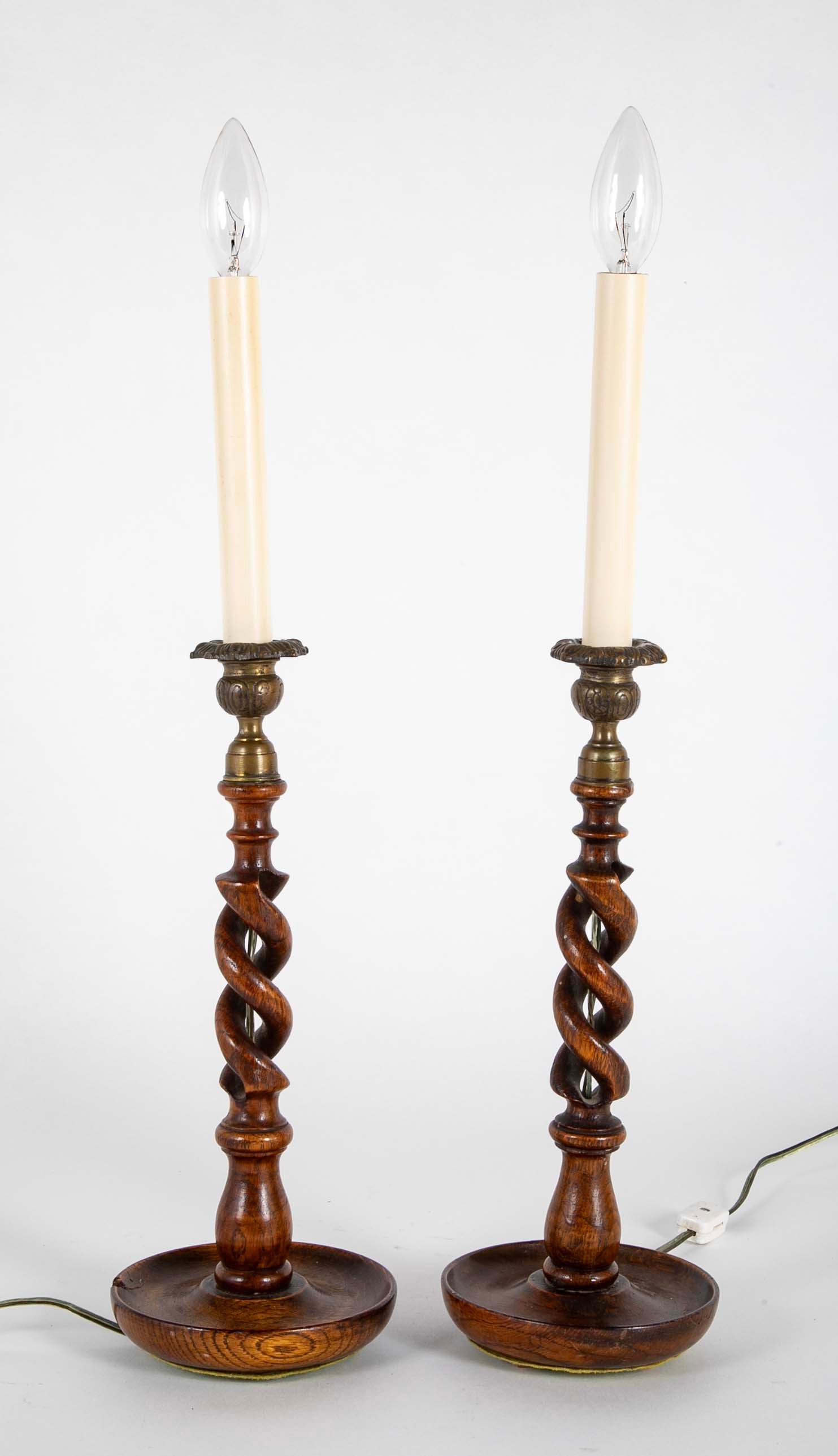 Pair of Open Barley Twist Wooden Candlesticks Now Lamps