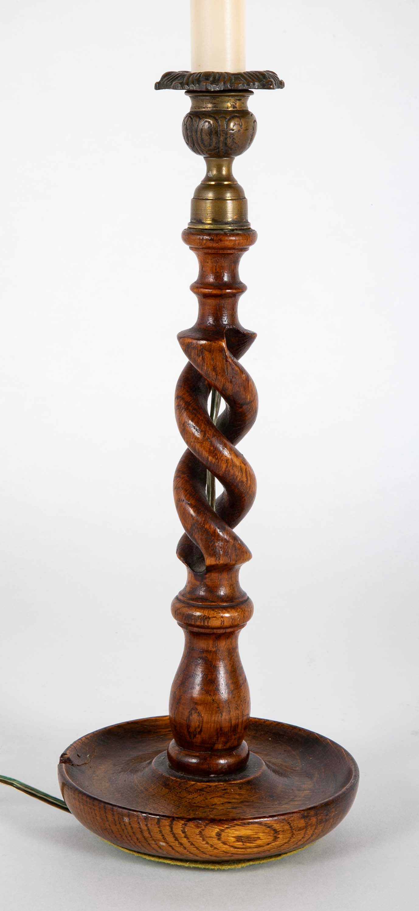 Pair of Open Barley Twist Wooden Candlesticks Now Lamps