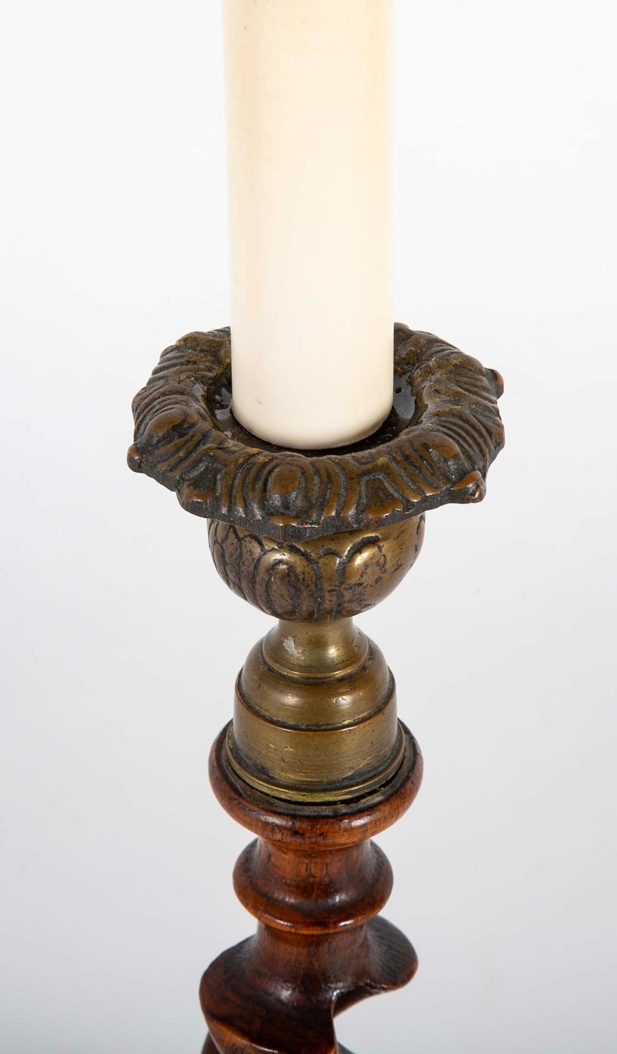 Pair of Open Barley Twist Wooden Candlesticks Now Lamps