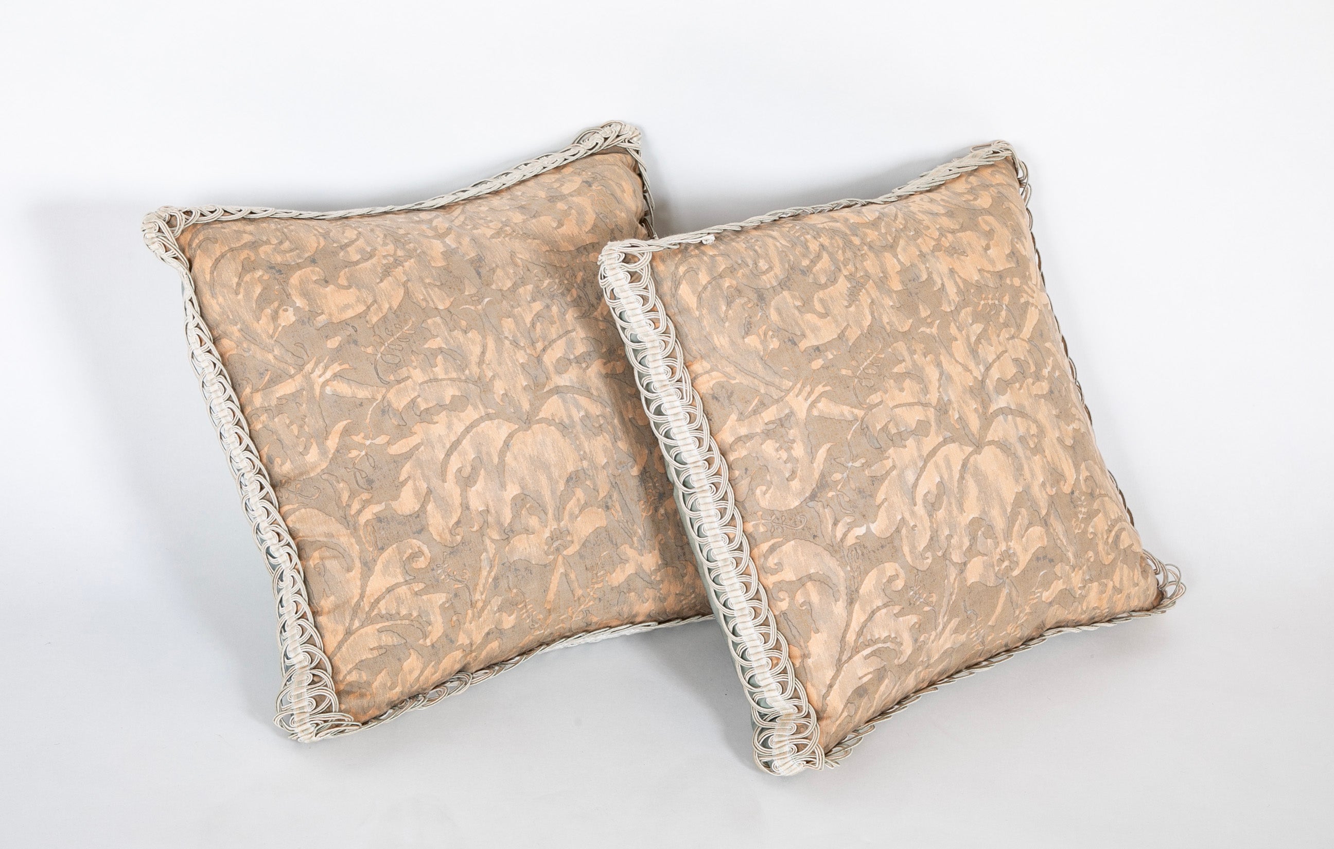 Pair of Ice Blue Fortuny Pillows with Silk Braid Trim & Backing - Priced Individually