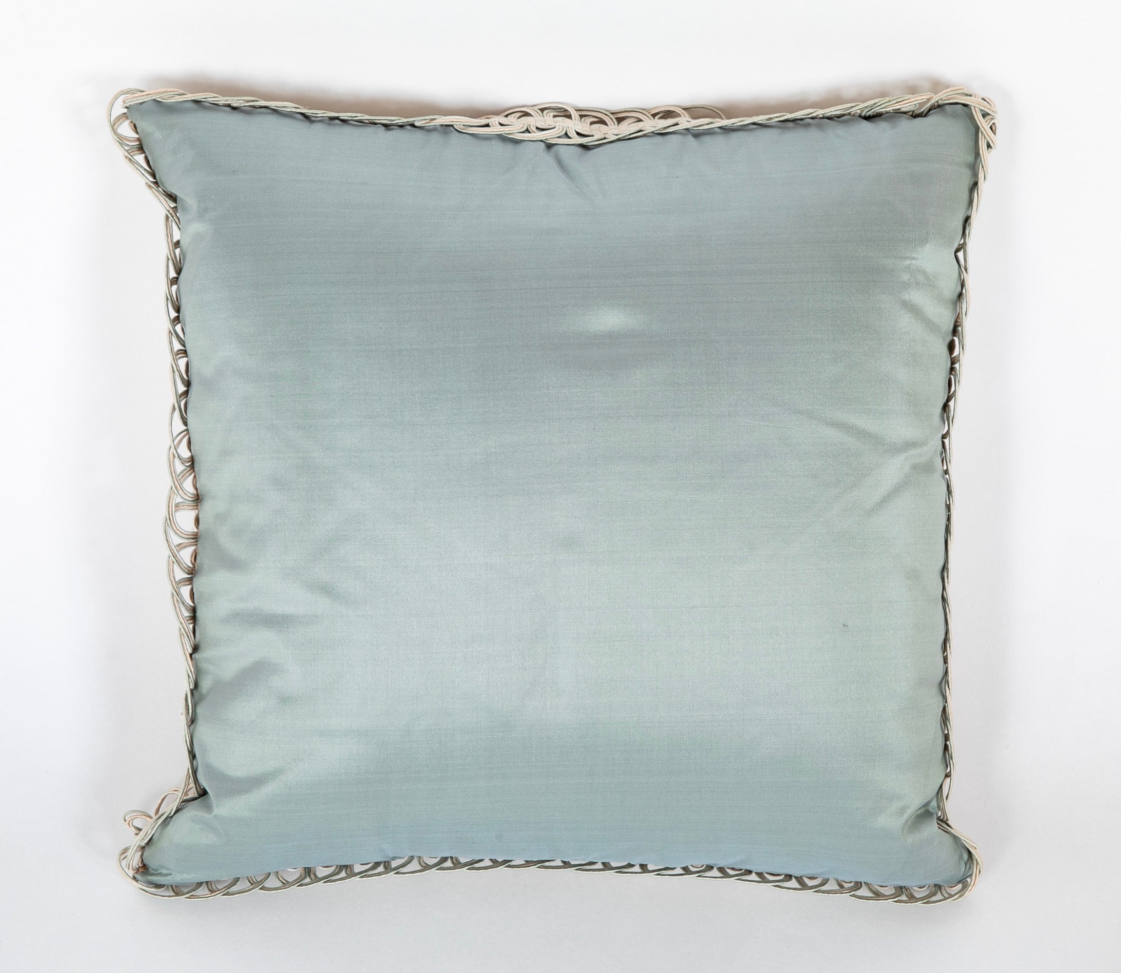 Pair of Ice Blue Fortuny Pillows with Silk Braid Trim & Backing - Priced Individually