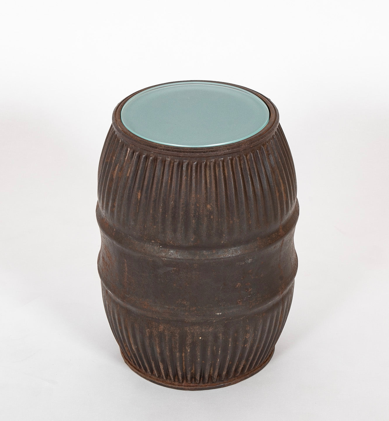 French Iron Barrel with Glass Insert Now a Side Table