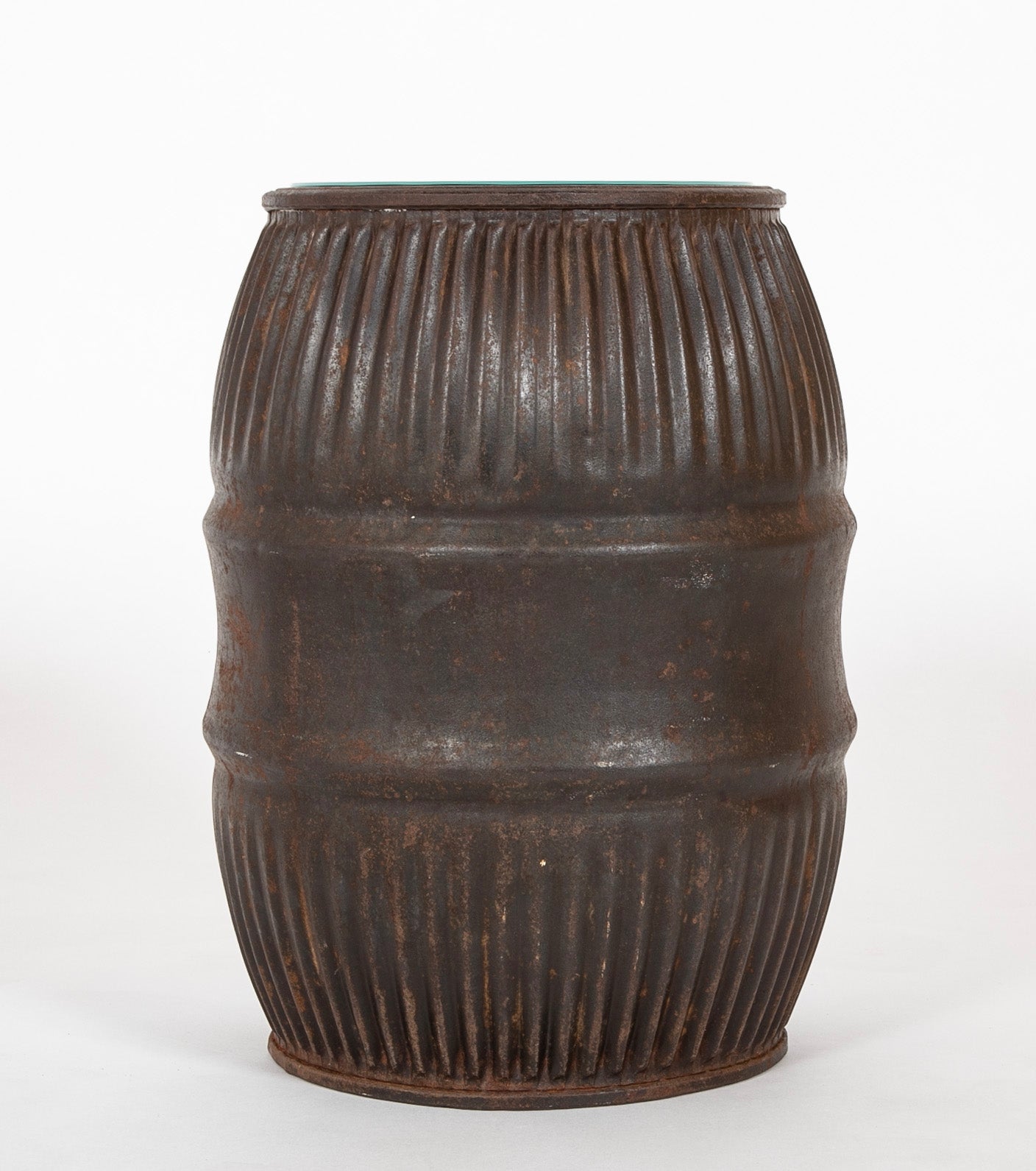 French Iron Barrel with Glass Insert Now a Side Table