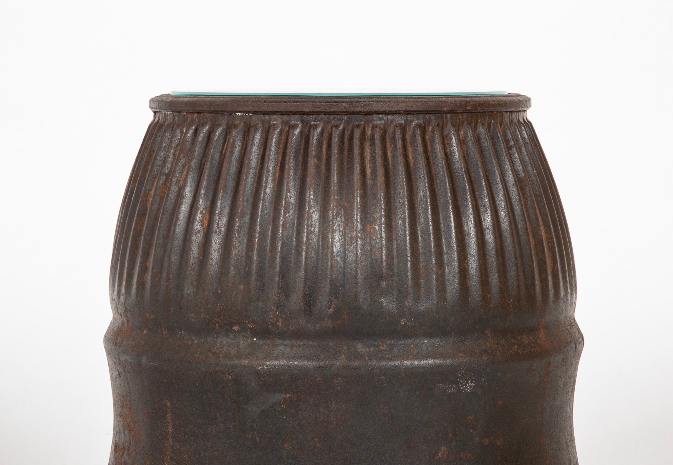 French Iron Barrel with Glass Insert Now a Side Table