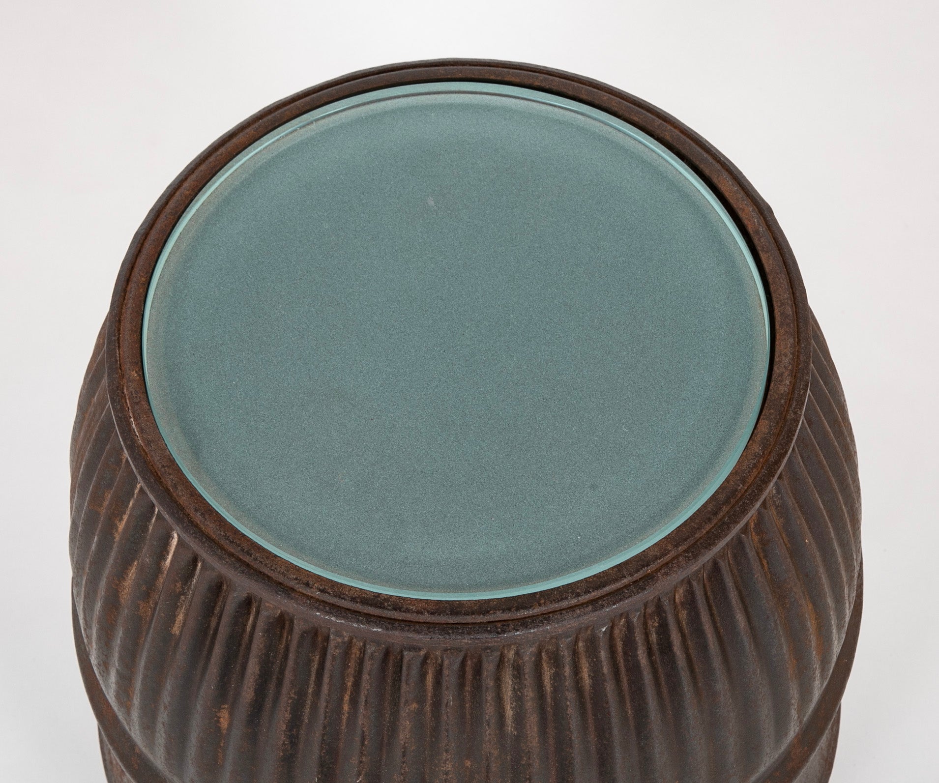 French Iron Barrel with Glass Insert Now a Side Table