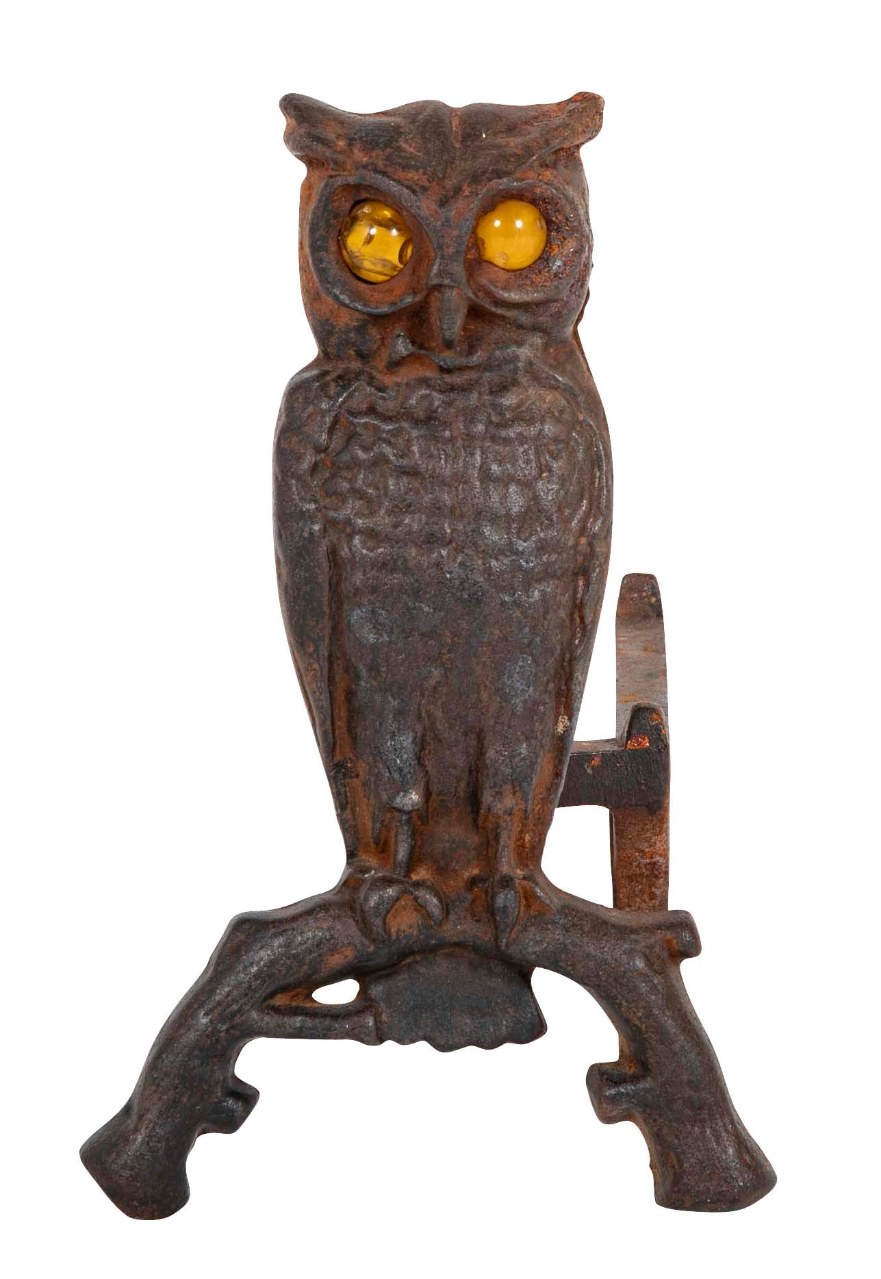 Turn of the Century Iron Owl Andirons with Original Glass Eyes