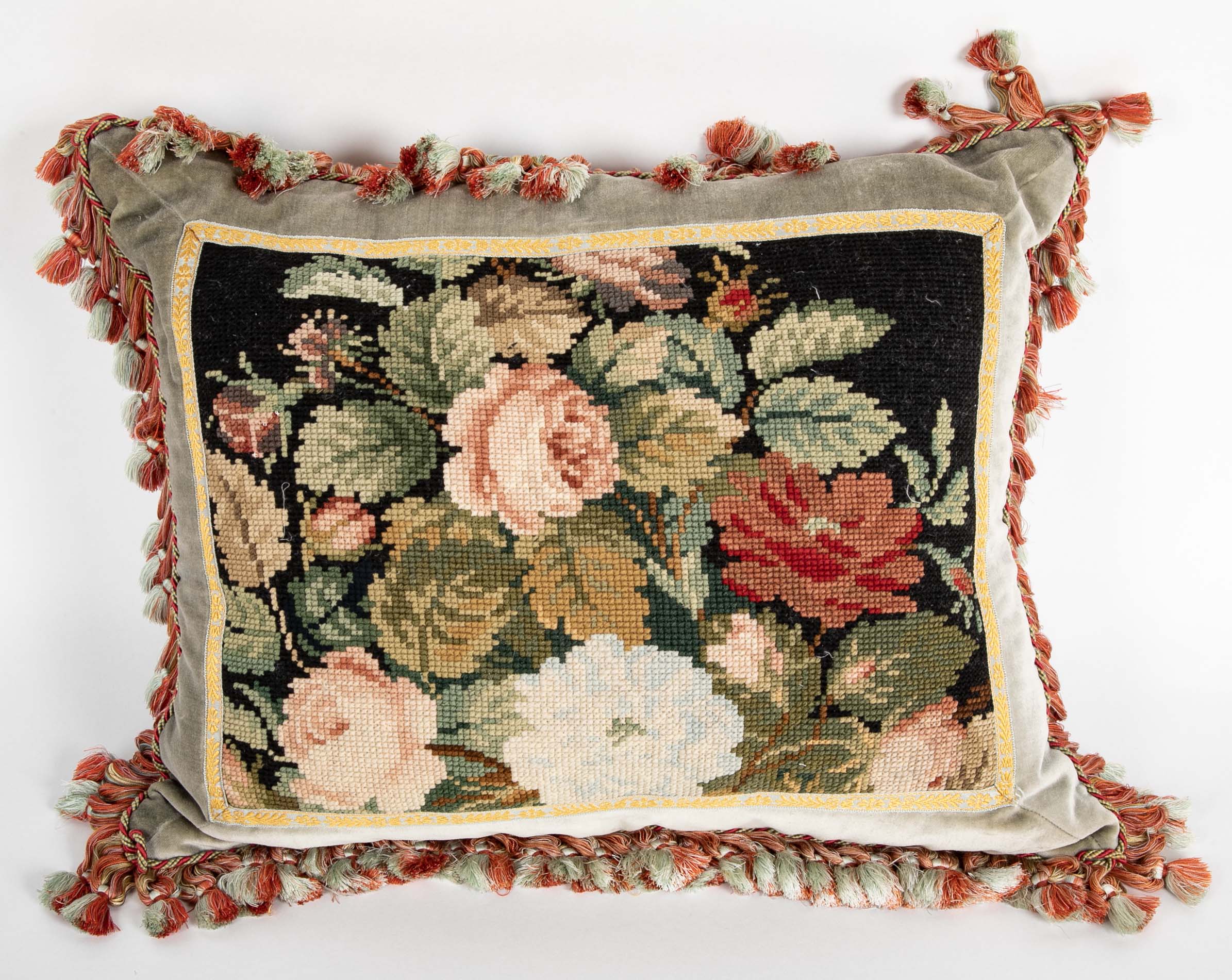 Victorian Needlework Pillow with Silk Backing