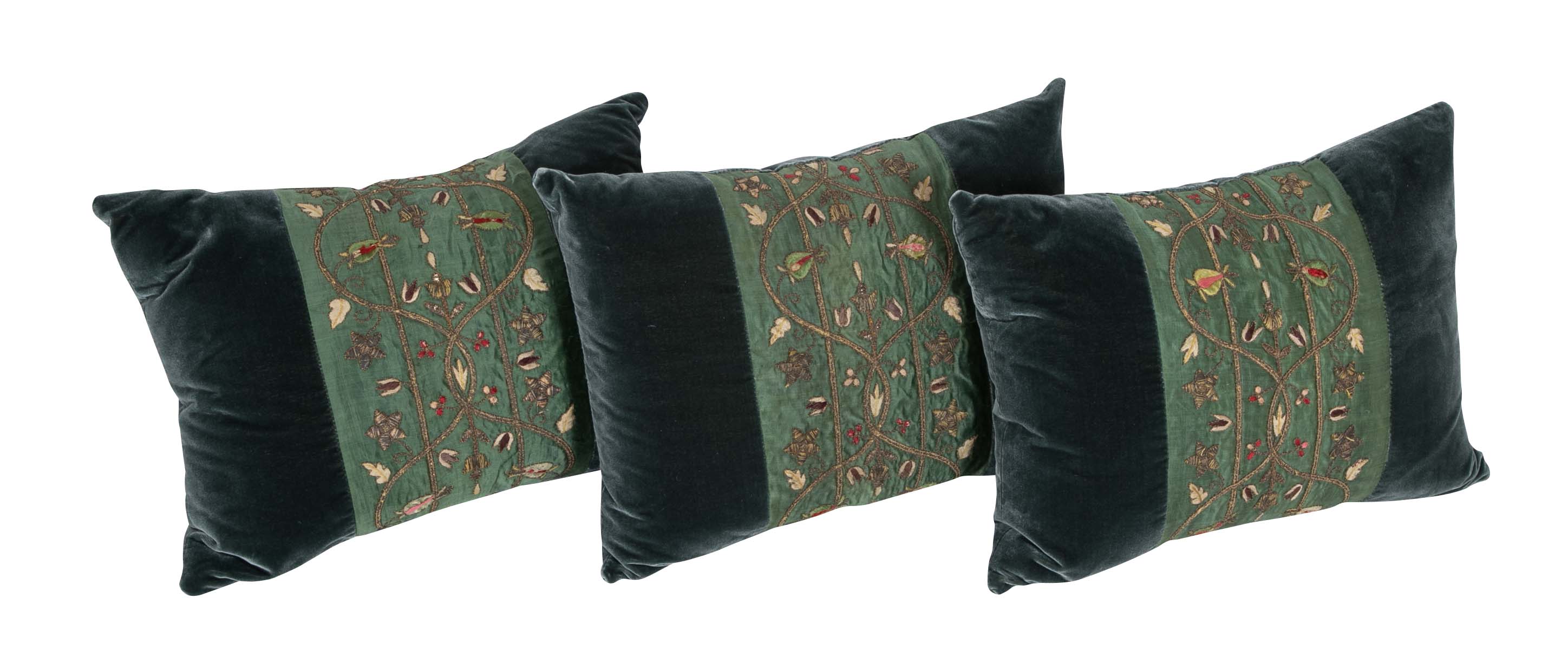 Three Silk Velvet Pillows with Antique Silk Embroidered Inset - Priced Individually