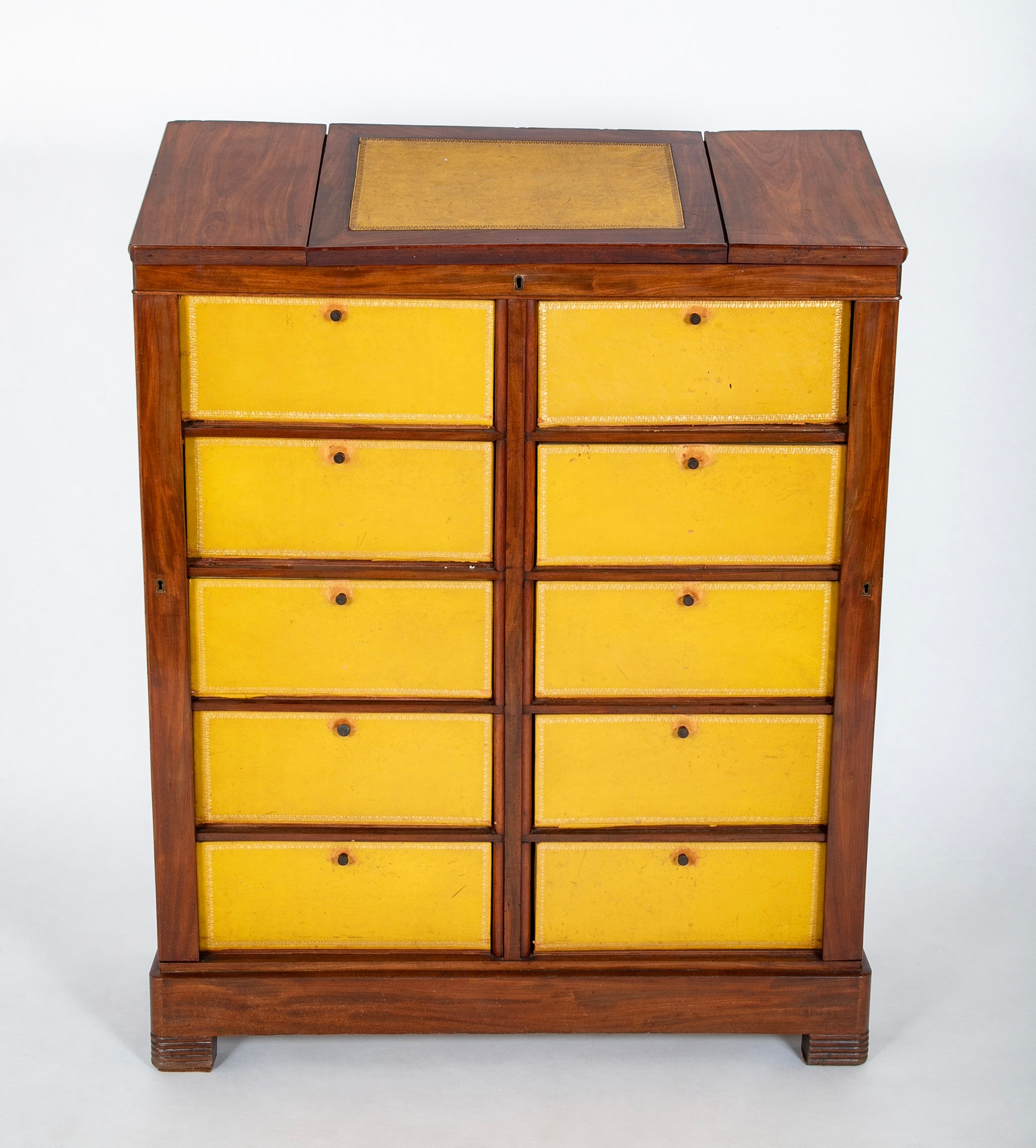 19th Century French Mahogany Cabinet with Yellow Leather Drawers