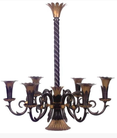 Wrought Iron & Gilt Metal Chandelier by Gilbert Poillerat (1902-1988)