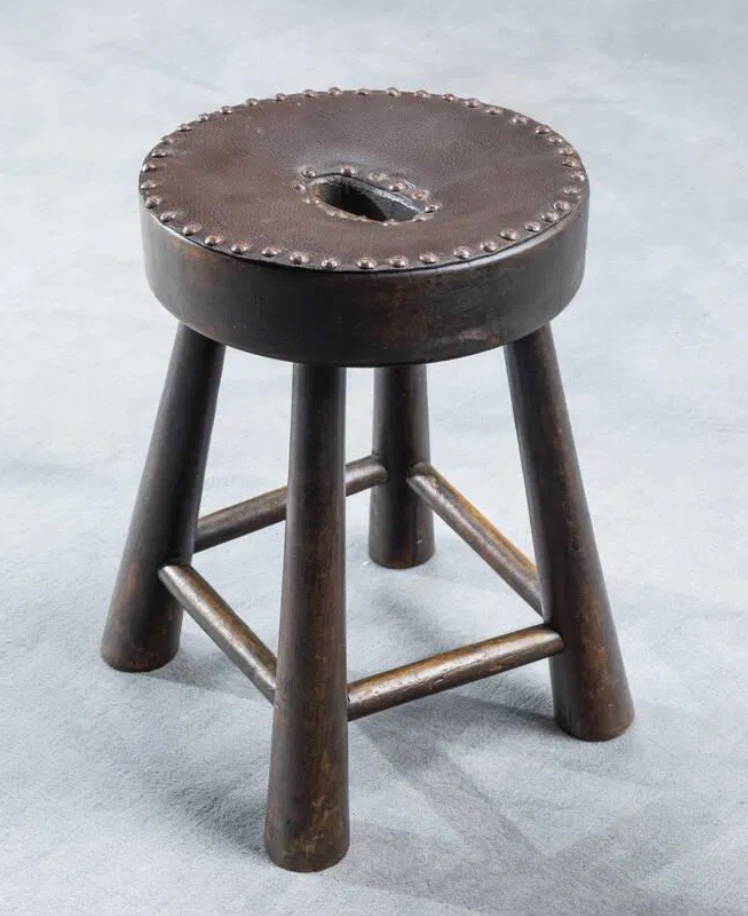 Pair of Stylized Rustic Oak and Leather Stools