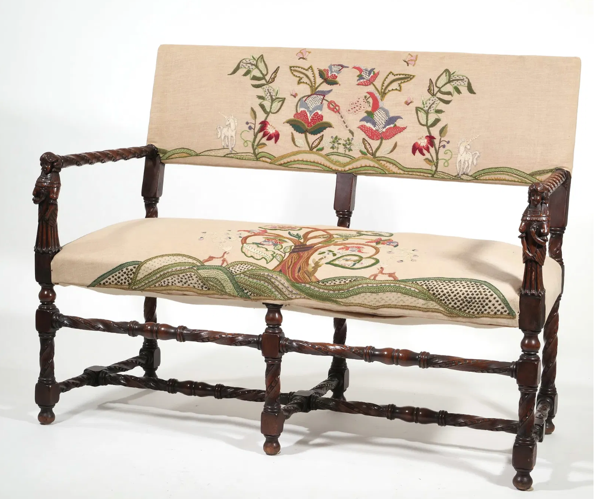 A Jacobean Style Bench with Excellent Crewelwork Embroidery