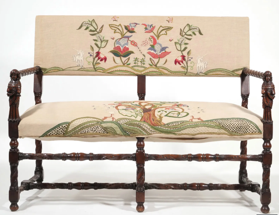 A Jacobean Style Bench with Excellent Crewelwork Embroidery