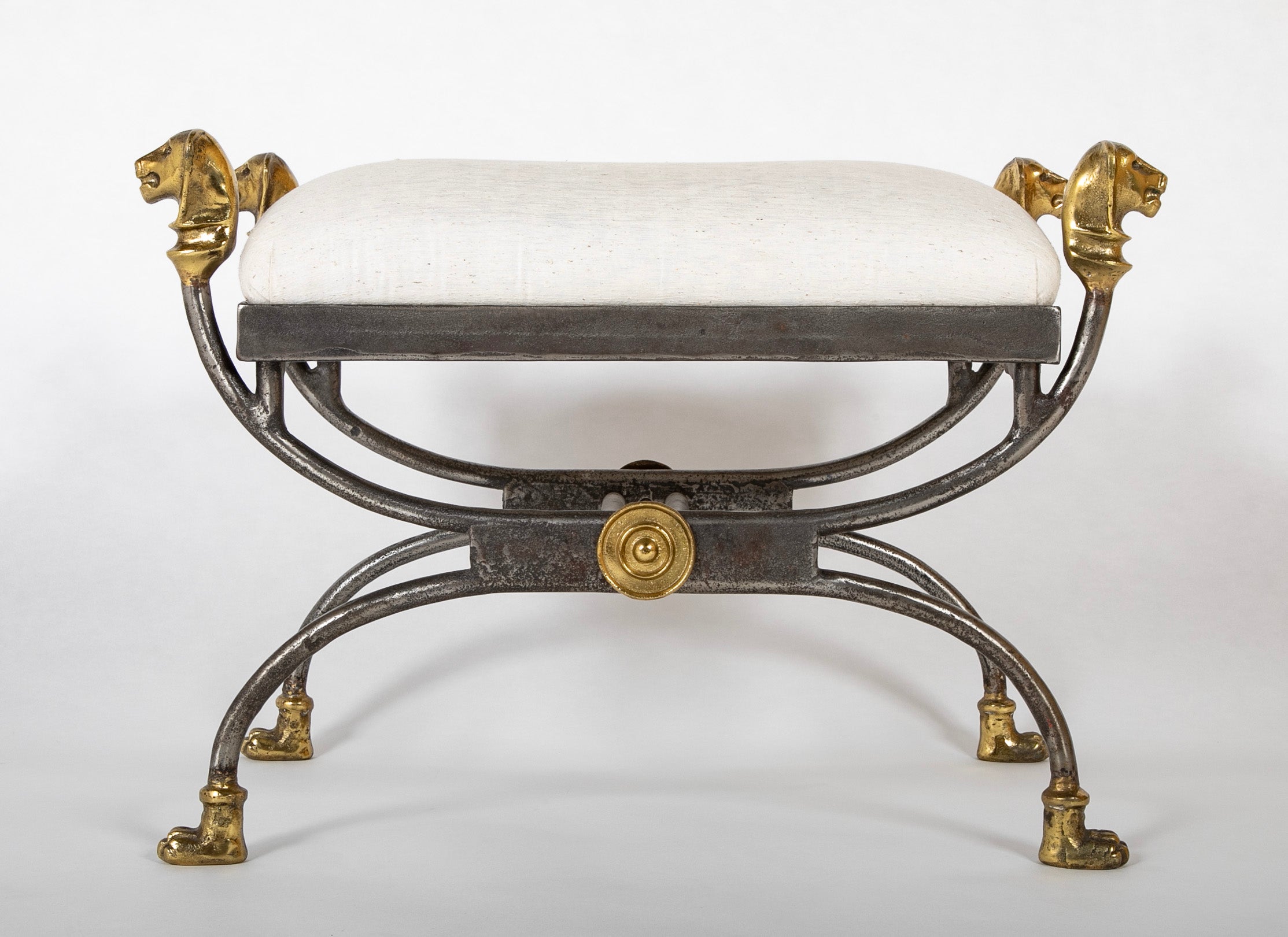 Wrought Iron Curule Bench with Gilt Lion Motif