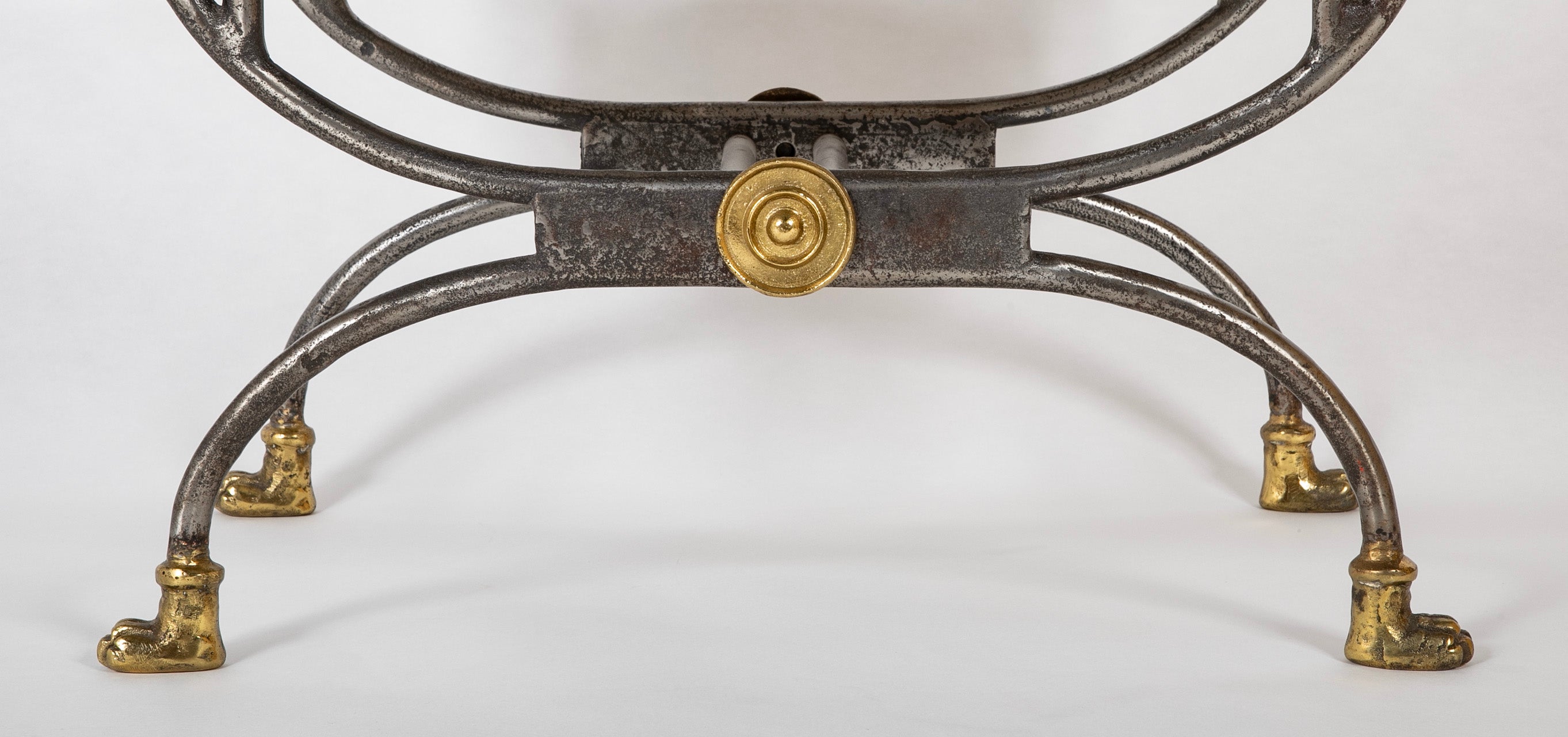 Wrought Iron Curule Bench with Gilt Lion Motif