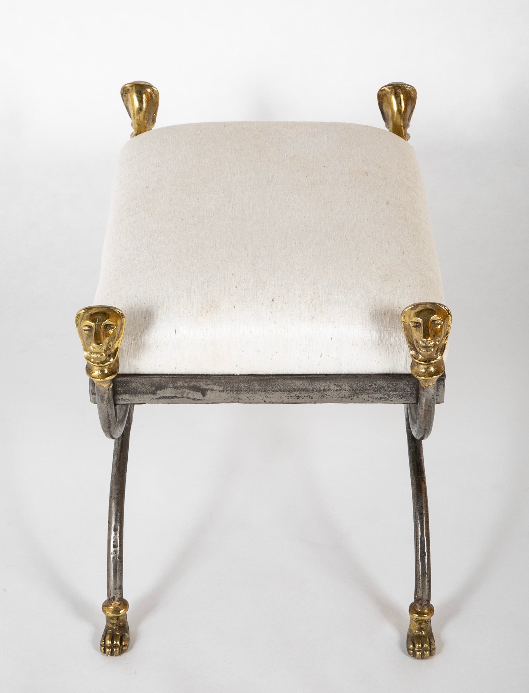 Wrought Iron Curule Bench with Gilt Lion Motif