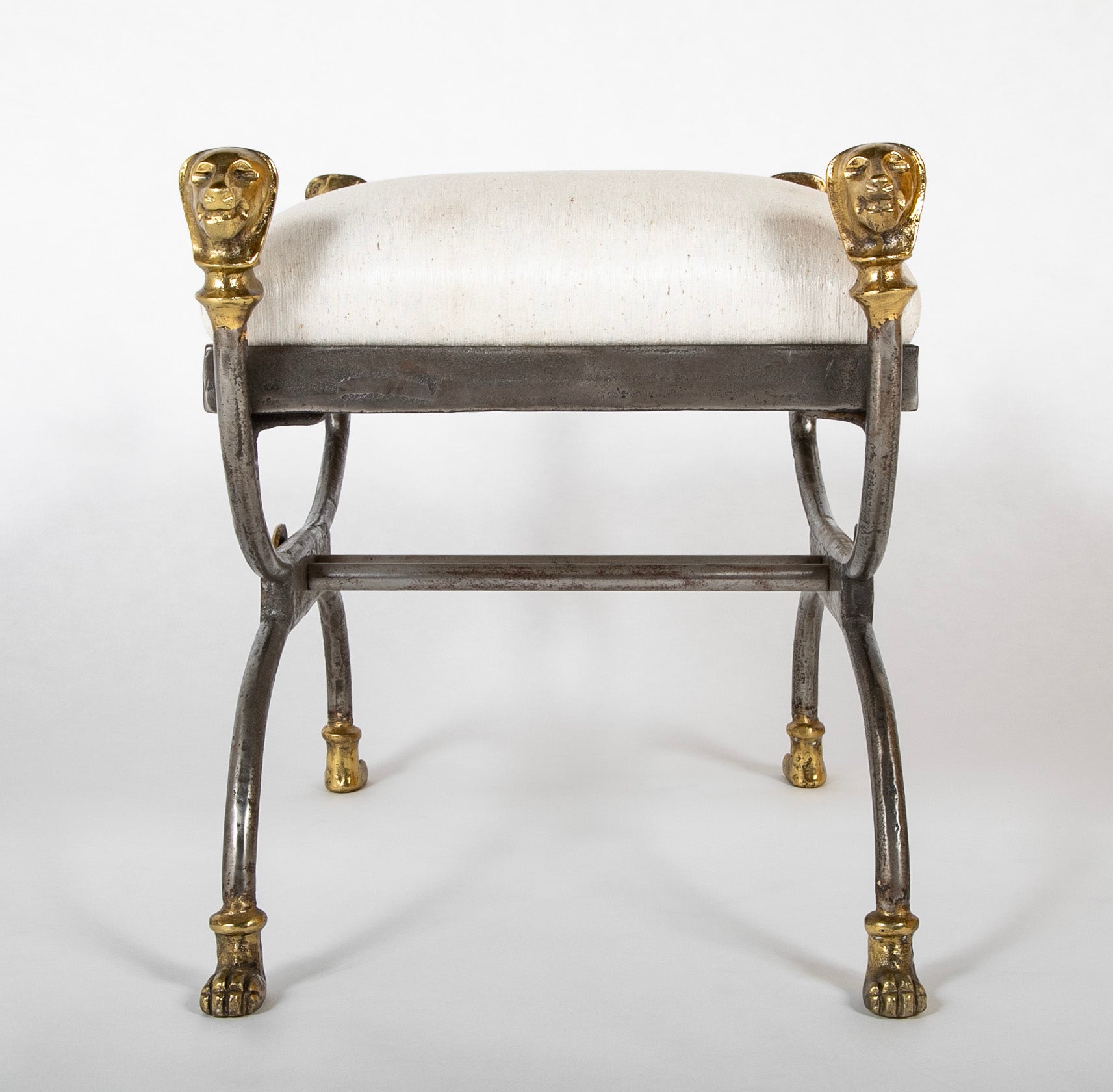 Wrought Iron Curule Bench with Gilt Lion Motif