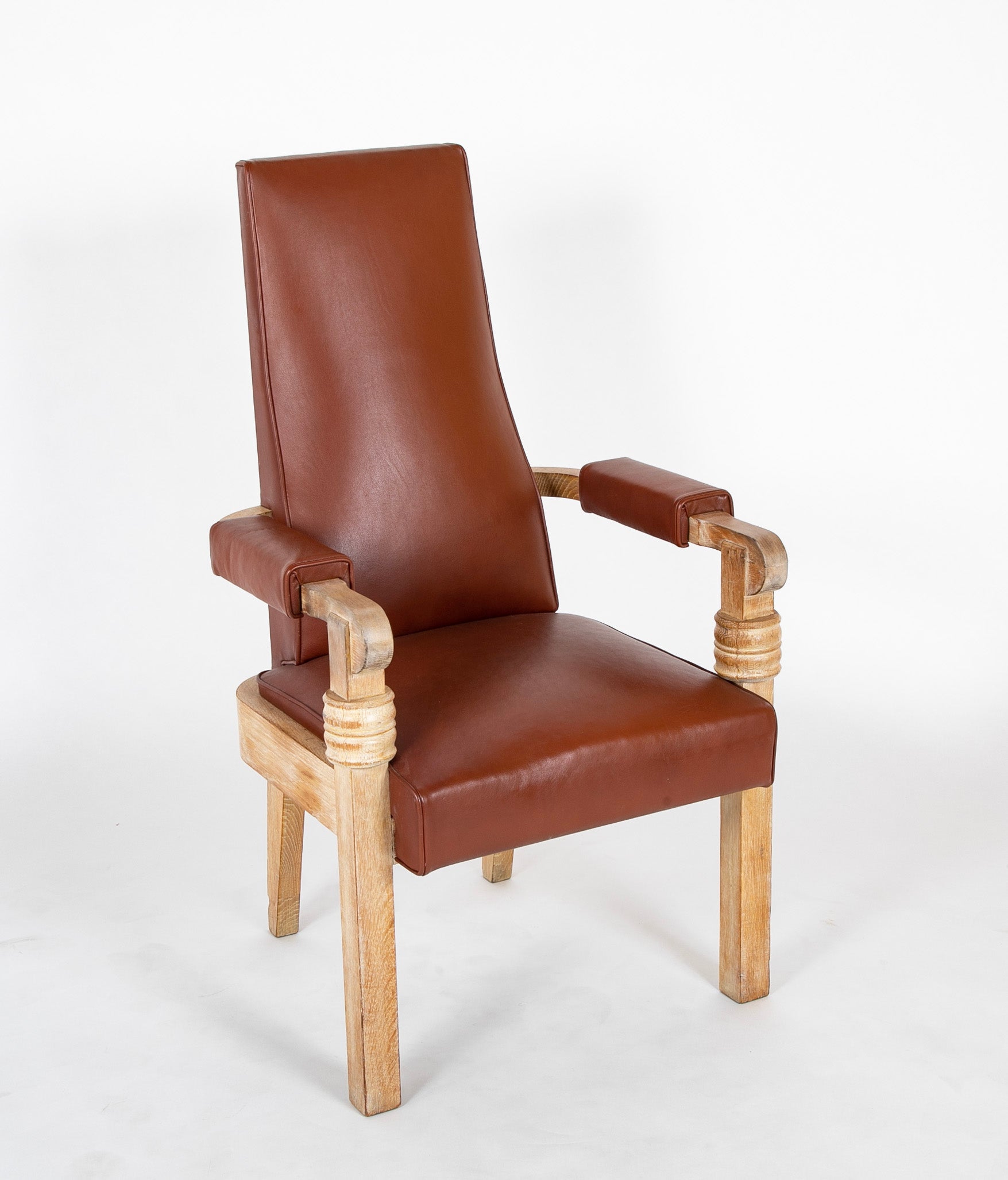 French Cerused Oak & Leather Armchair by Charles Dudouyt