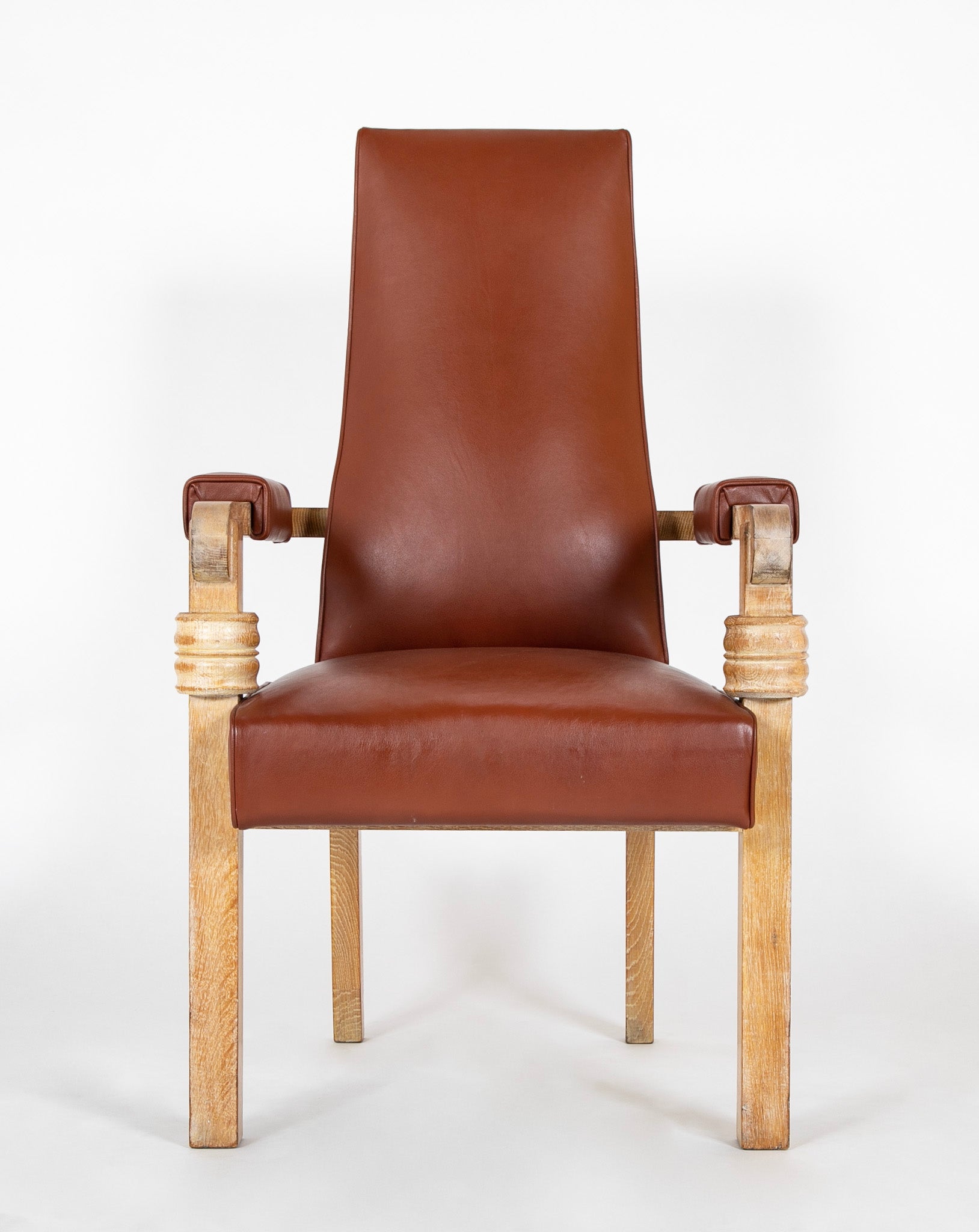 French Cerused Oak & Leather Armchair by Charles Dudouyt