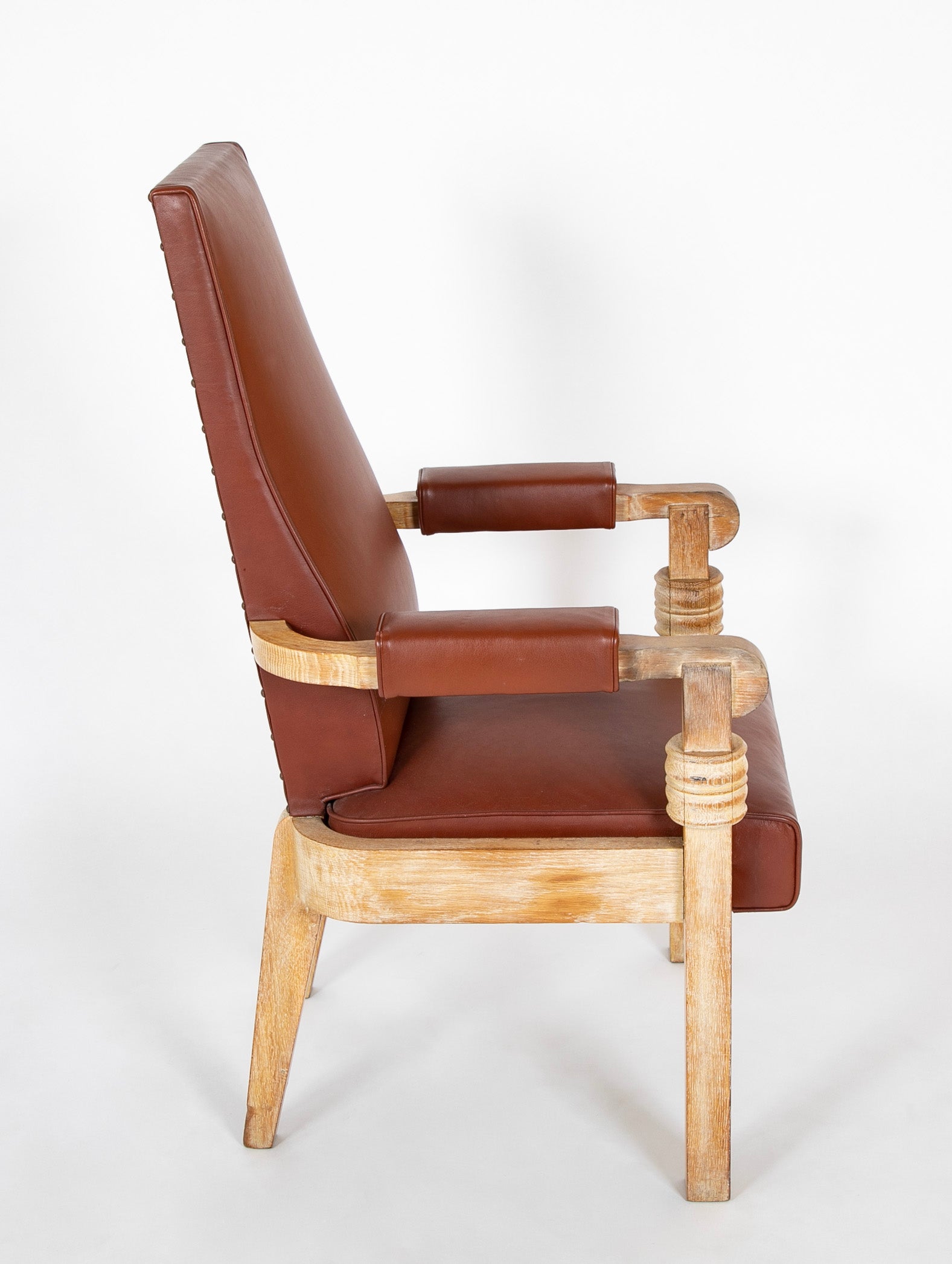 French Cerused Oak & Leather Armchair by Charles Dudouyt