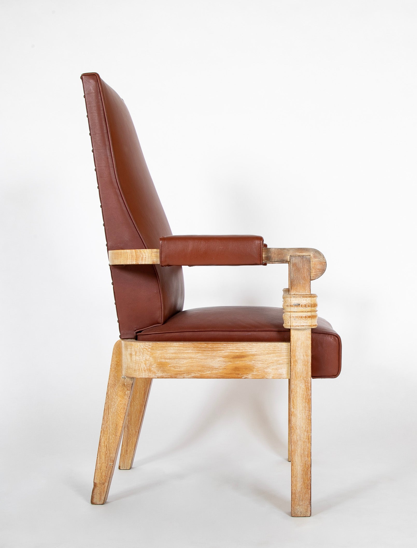 French Cerused Oak & Leather Armchair by Charles Dudouyt
