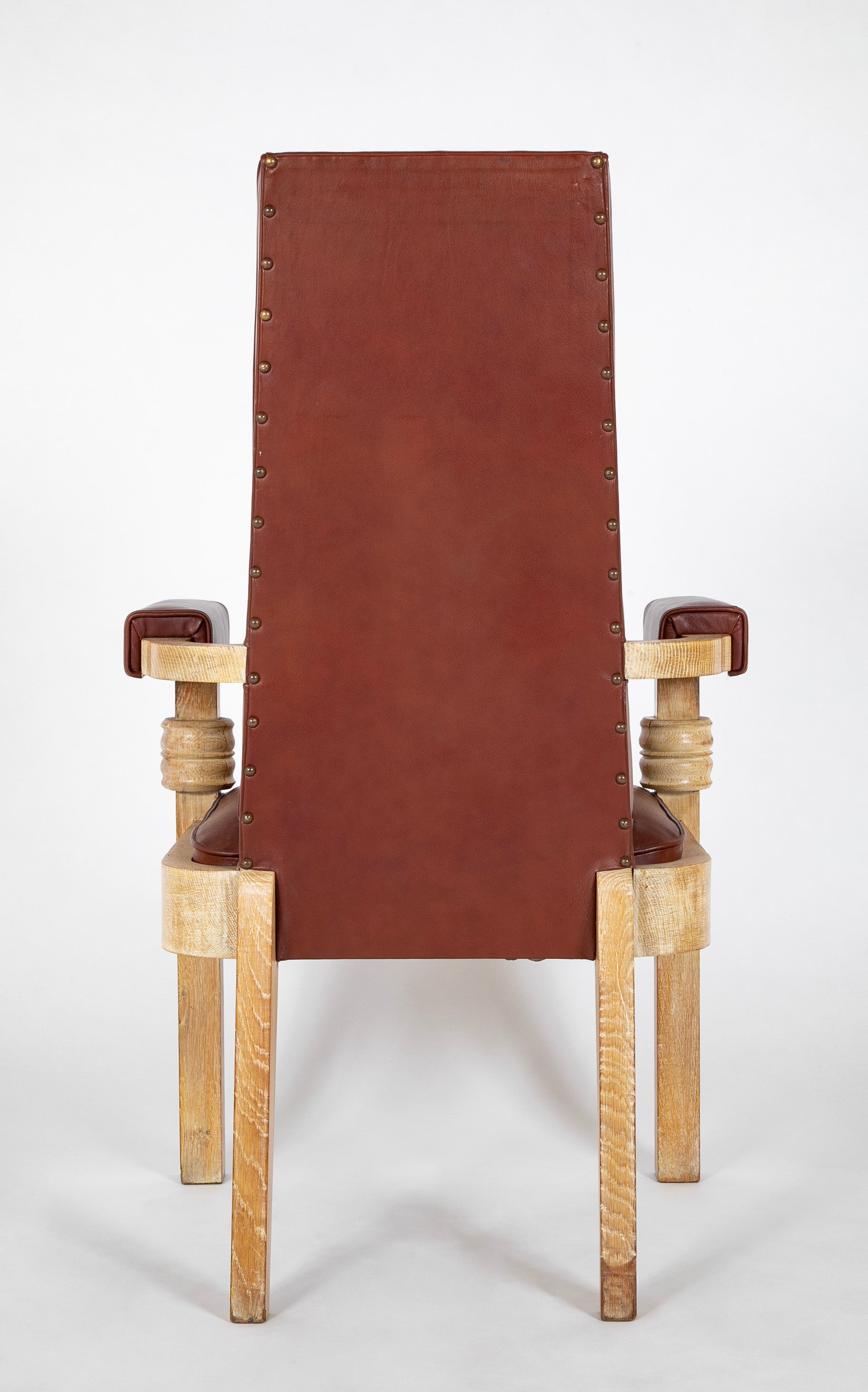 French Cerused Oak & Leather Armchair by Charles Dudouyt