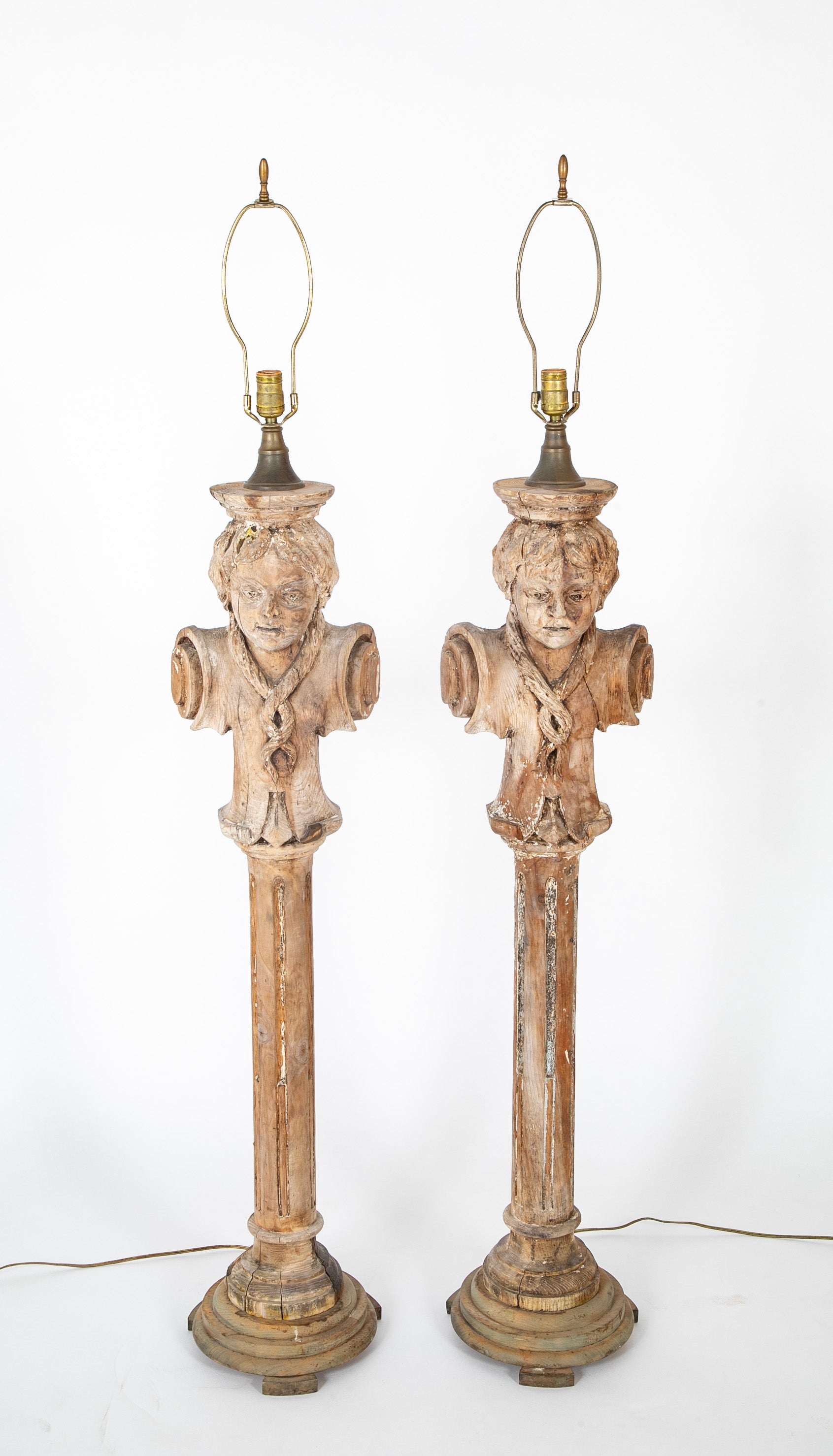 A Pair of French 19th Century Wooden Column Floor Lamps