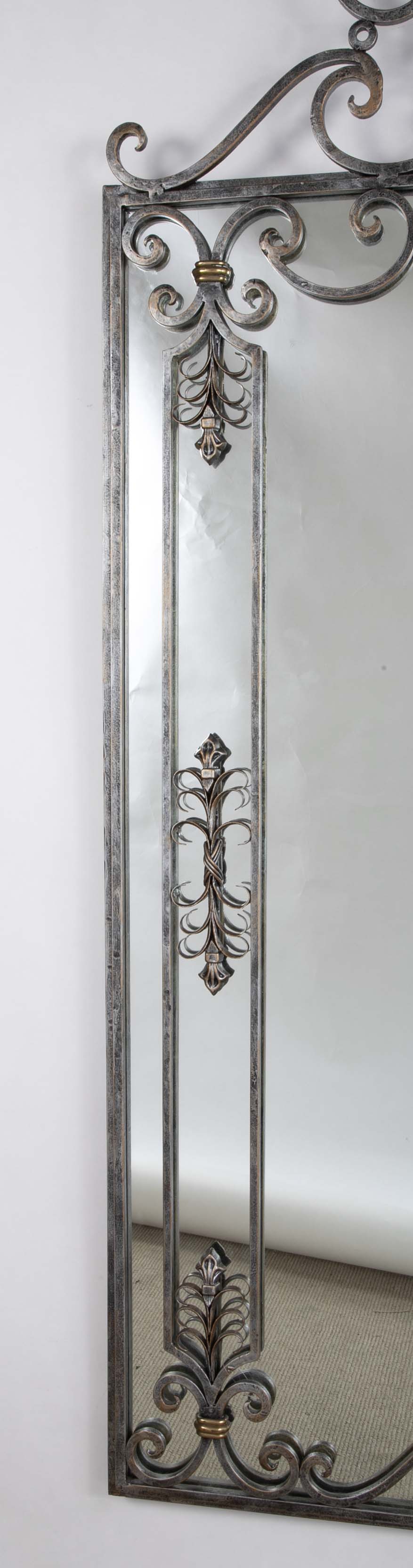 Large French Wrought Iron Mirror with Brass Accents