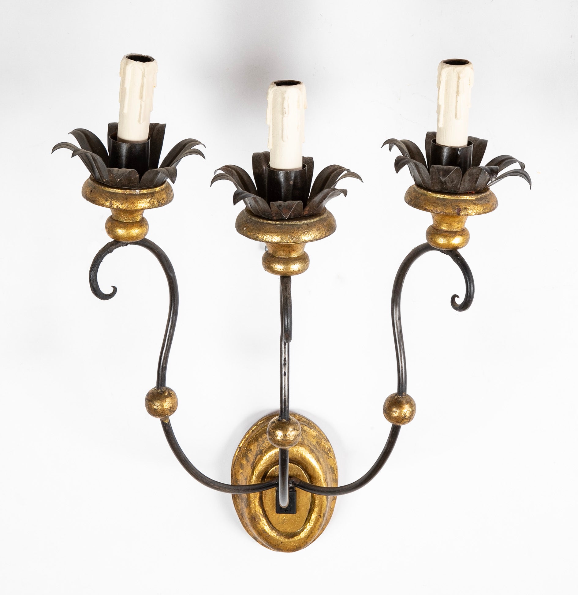 Set of Eight of Italian Iron Tole and Gilt Wood Sconces Priced per Pair