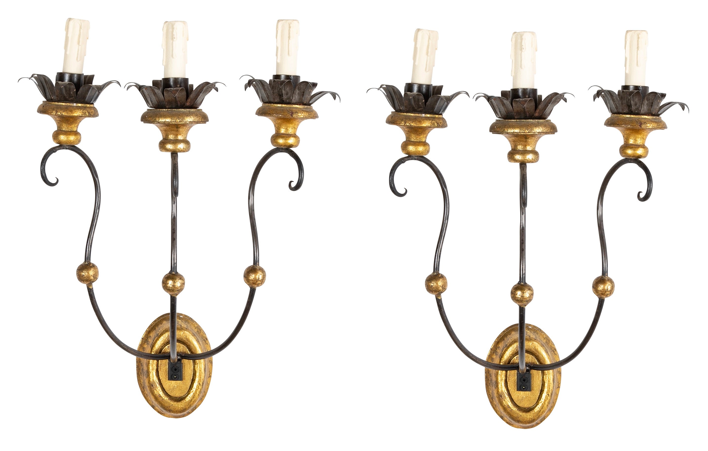 Set of Eight of Italian Iron Tole and Gilt Wood Sconces Priced per Pair